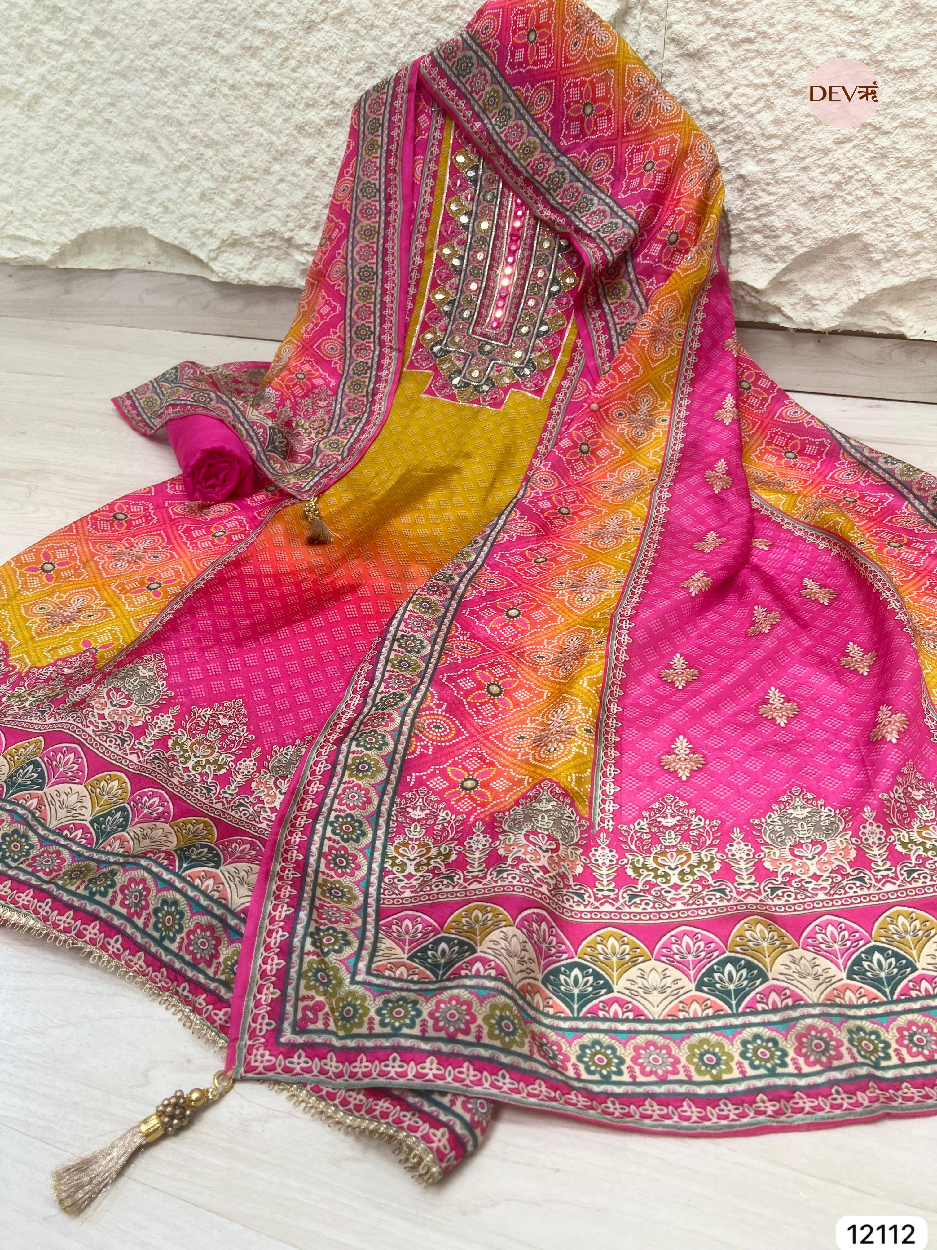 Pink / yellow Pure Organza Silk Unstitched Printed -Set Of 3 - {12112}