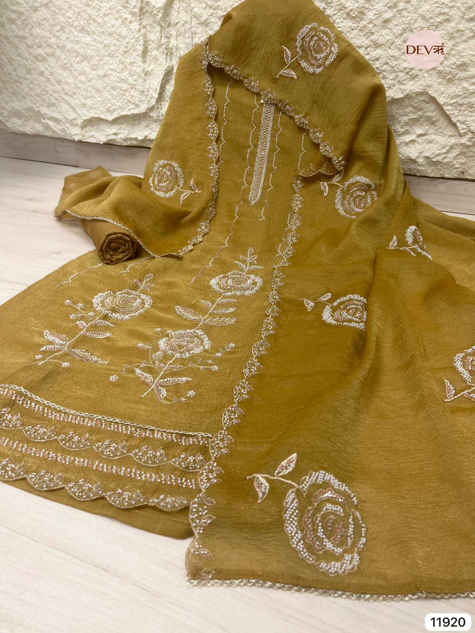 Yellow Pure Tissue Crush Unstitched Hand Embroidered -Set Of 3 - {11920}