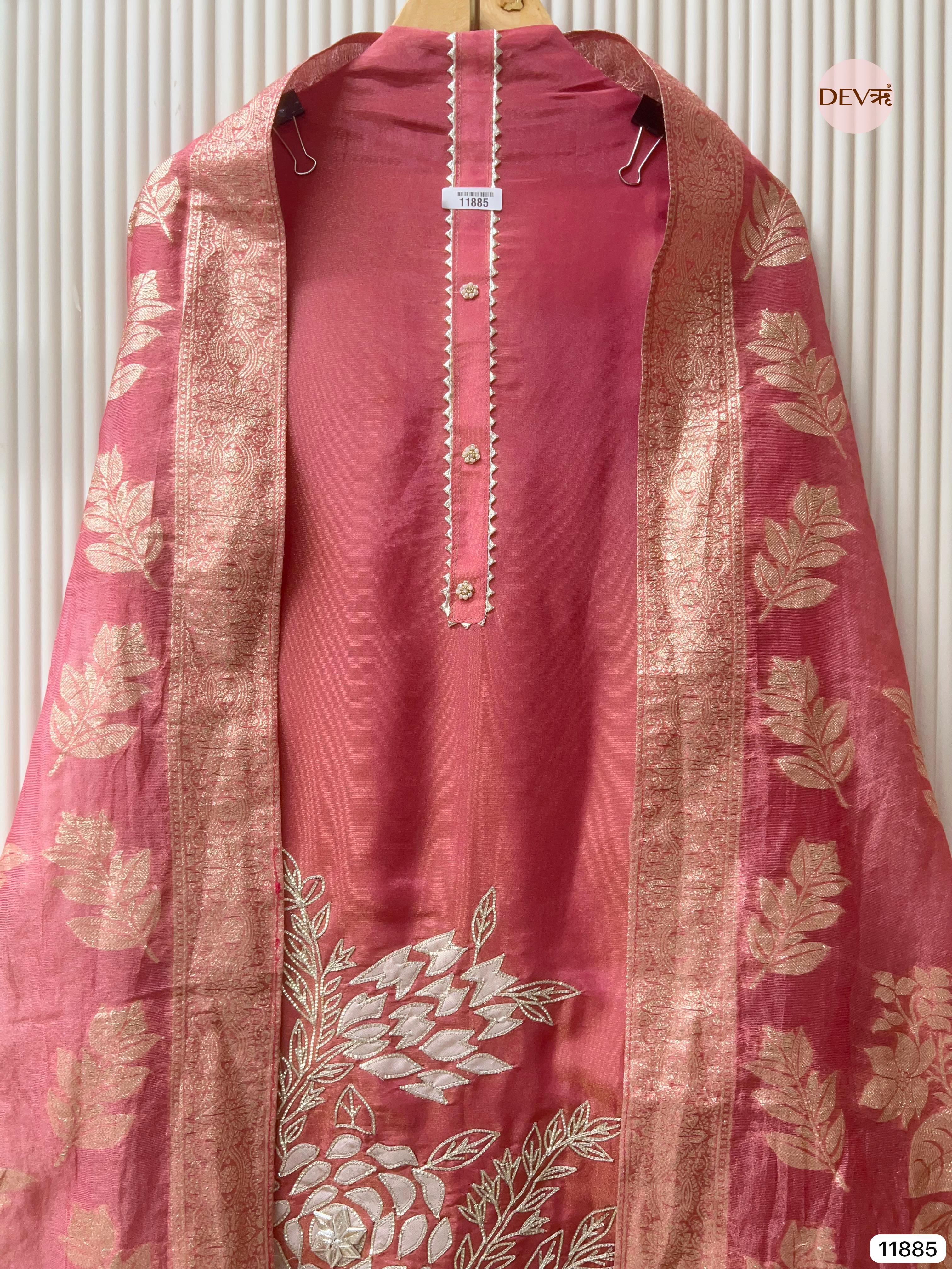 Pink Tissue Shimmer Silk Unstitched Hand Embroidered -Set Of 3 - {11885}