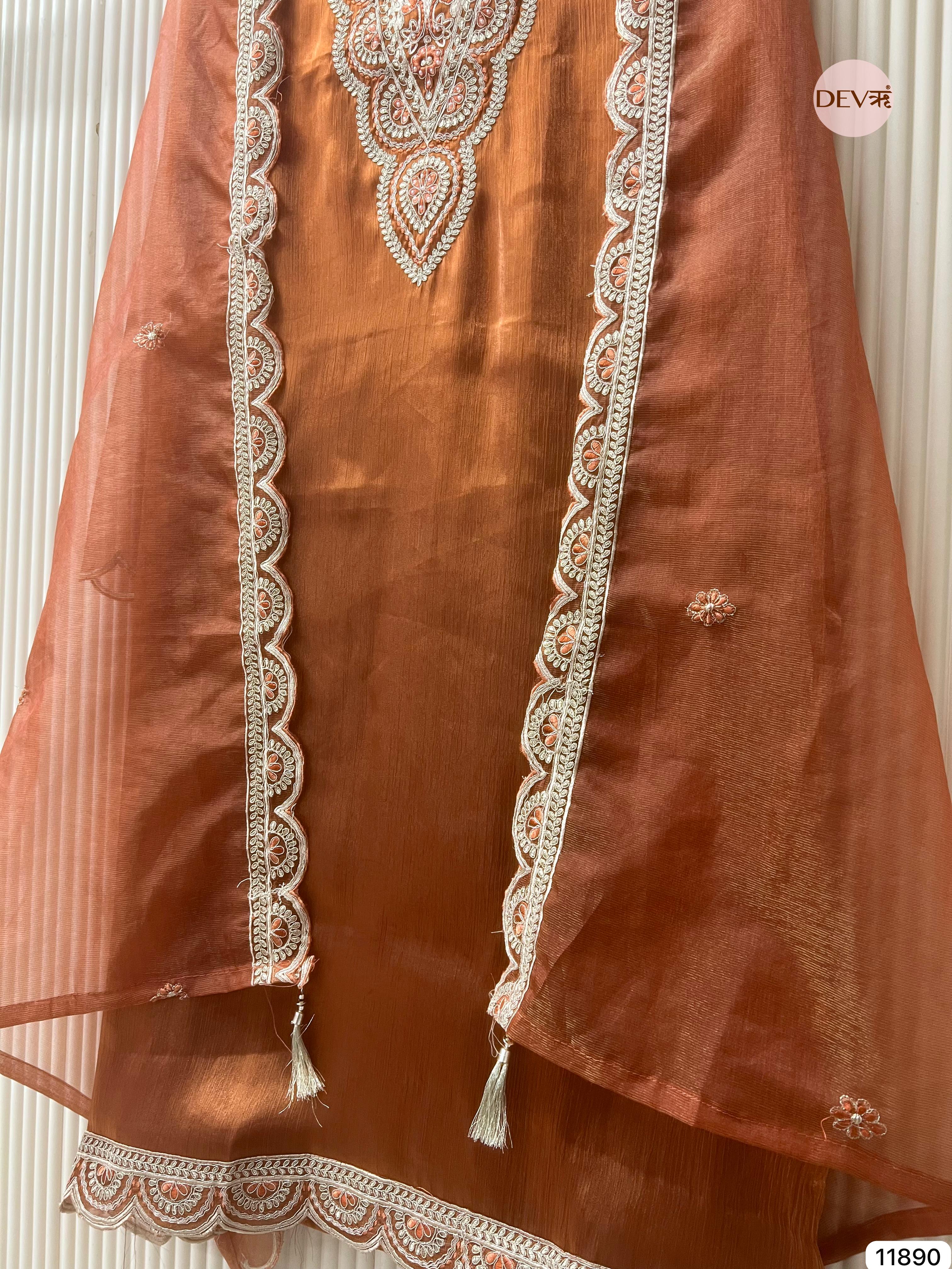 Brown Tissue Shimmer Silk Unstitched Printed Embroidered -Set Of 3 - {11890}