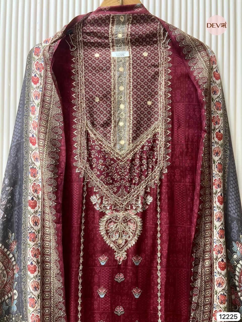 Maroon Pure Muslin Printed Unstitched 3-Piece Suit (Devri – D.No 12225)