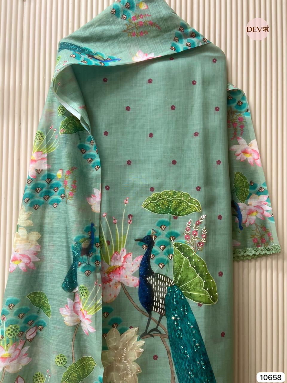 Sea Green Linen Printed Unstitched 3-Piece Suit (Devri – D.No 10658)