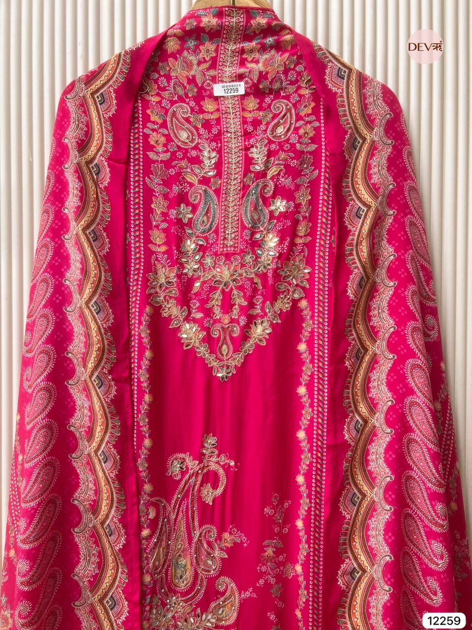 Fuchsia Pure Crepe Embroidered Unstitched 3-Piece Suit (Devri – D.No 12259)