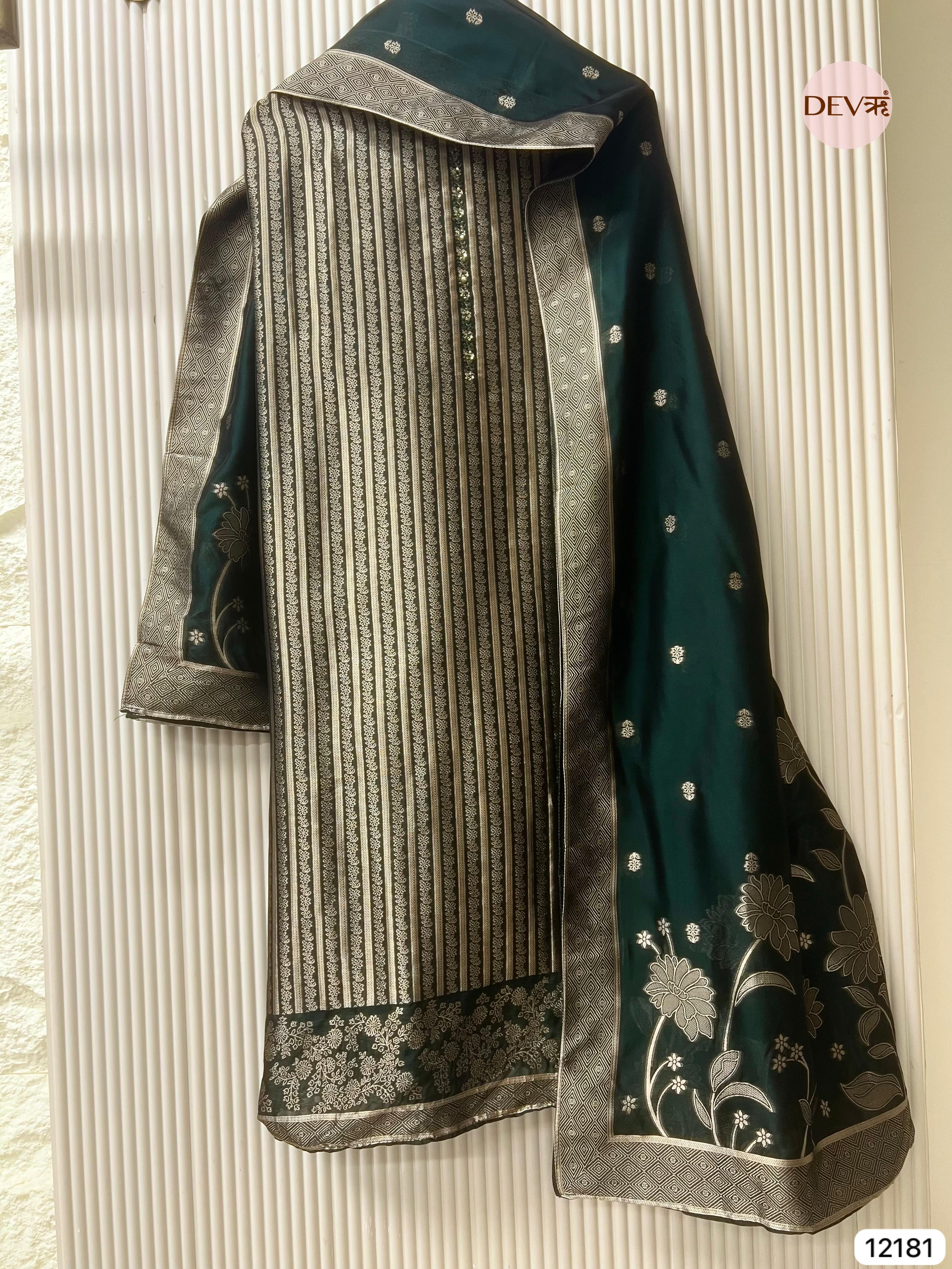 Green Pure Banarasi Silk Unstitched Hand Embroidered-Set of - {12181}