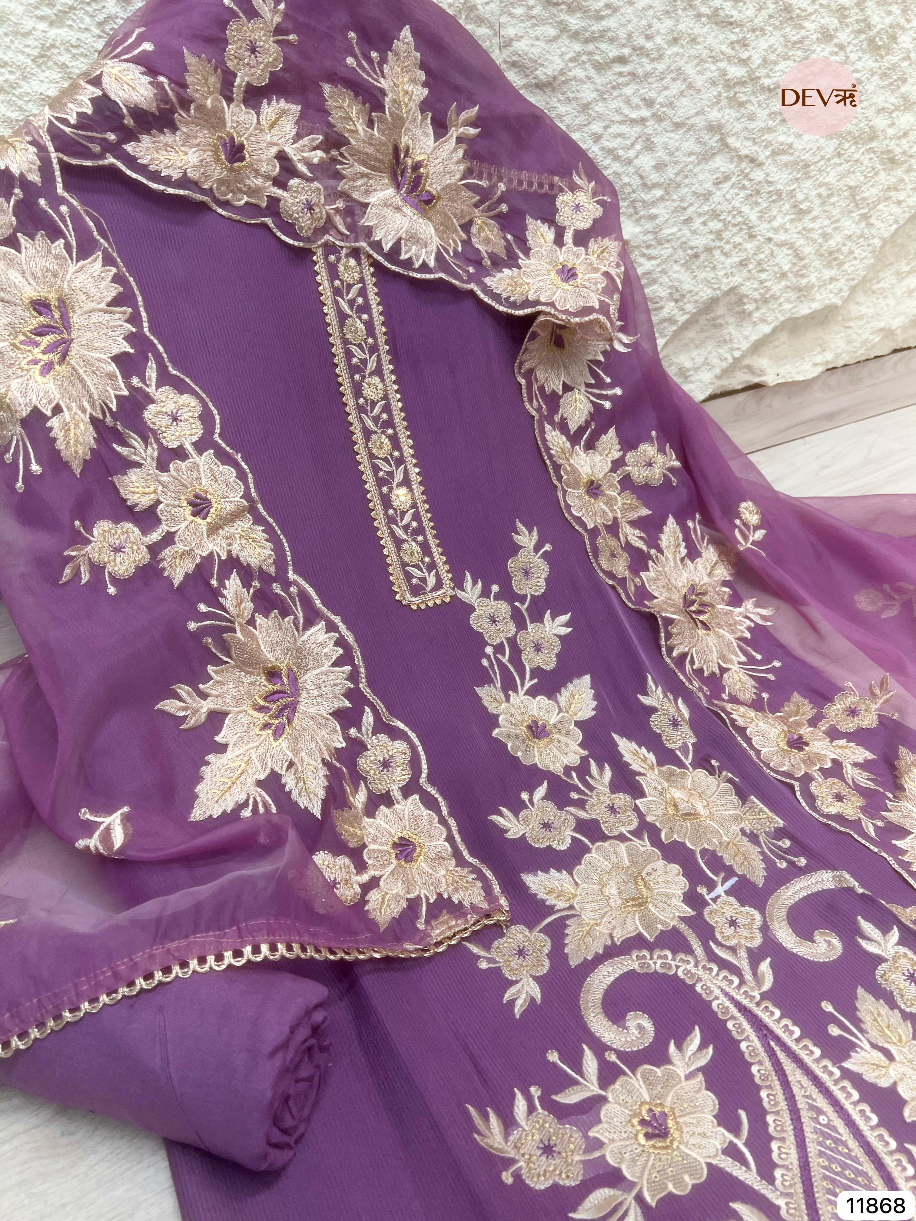 Purple Tissue silk unstitched Embroidered -Set Of 3 - {11868}