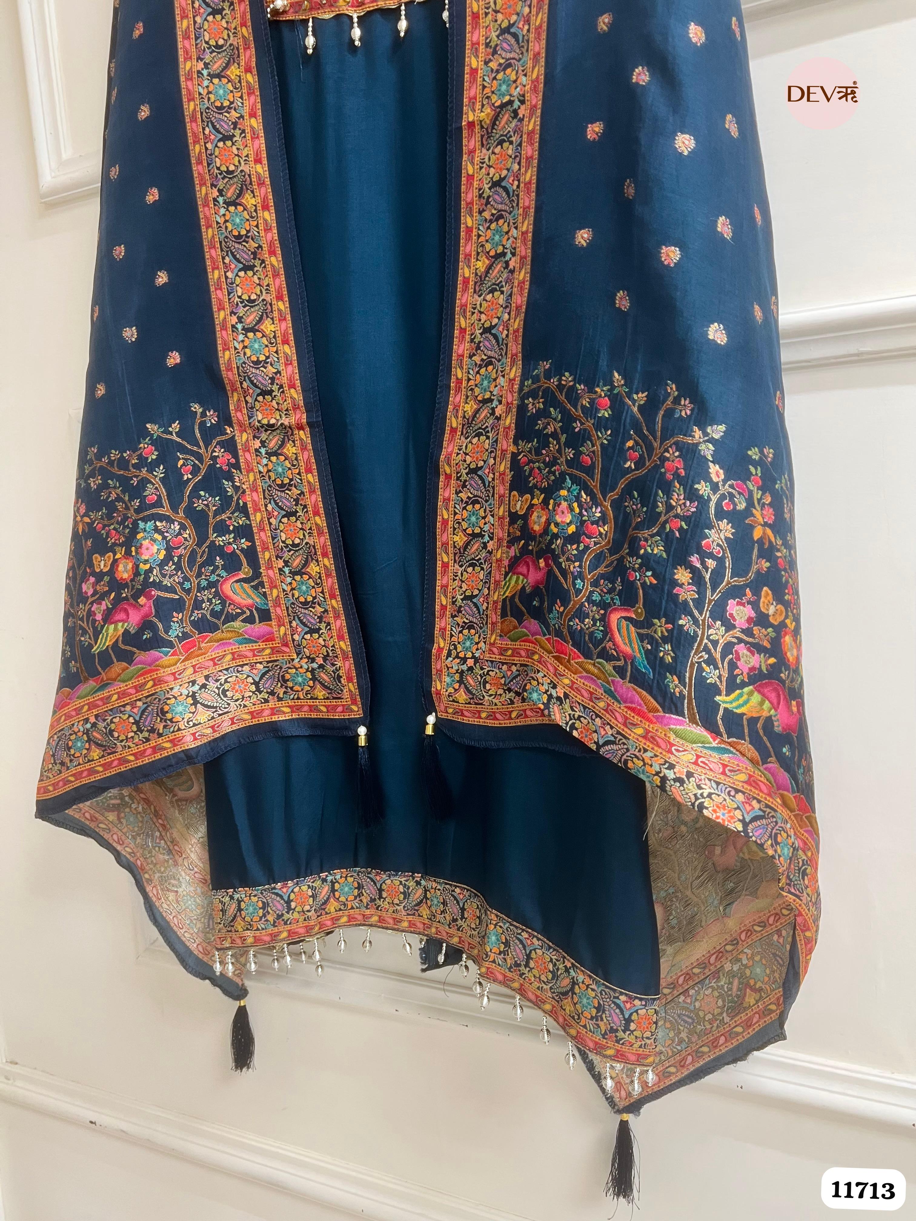 Dark Blue Dola Silk Unstitched Banarasi Woven & Hand Embroidered -Set Of 3