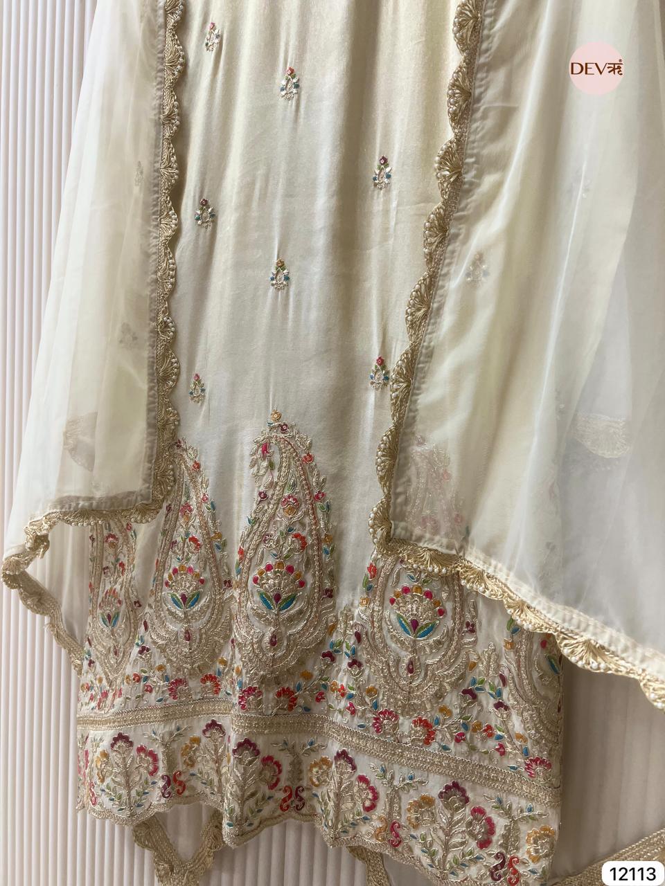 Ivory Tissue Shimmer Silk Embroidered Unstitched 3-Piece Suit (Devri – D.No 12113)