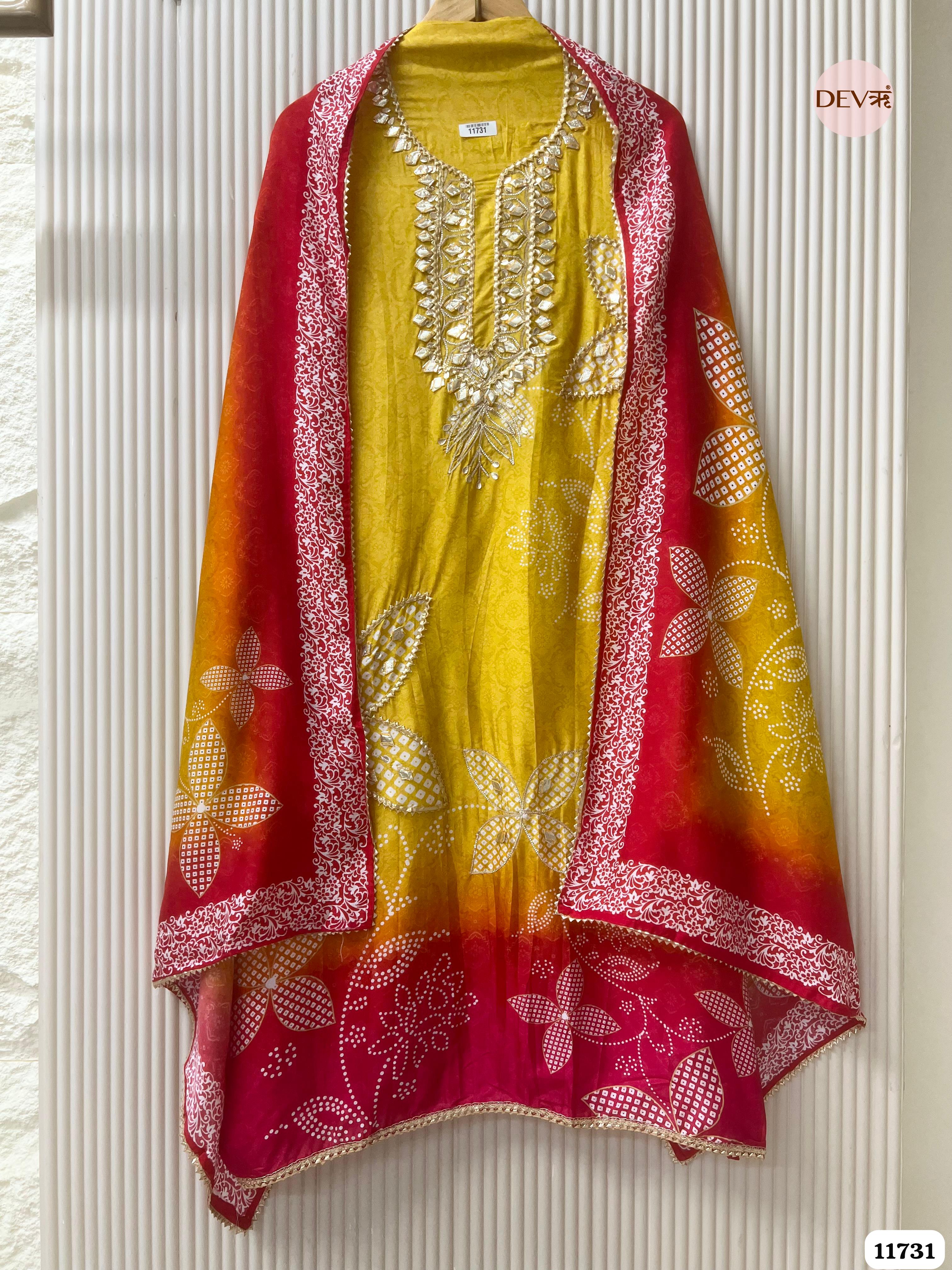 Yellow Russian Silk Semi Stitched Printed Hand Embroidered -Set Of 3- {11731}