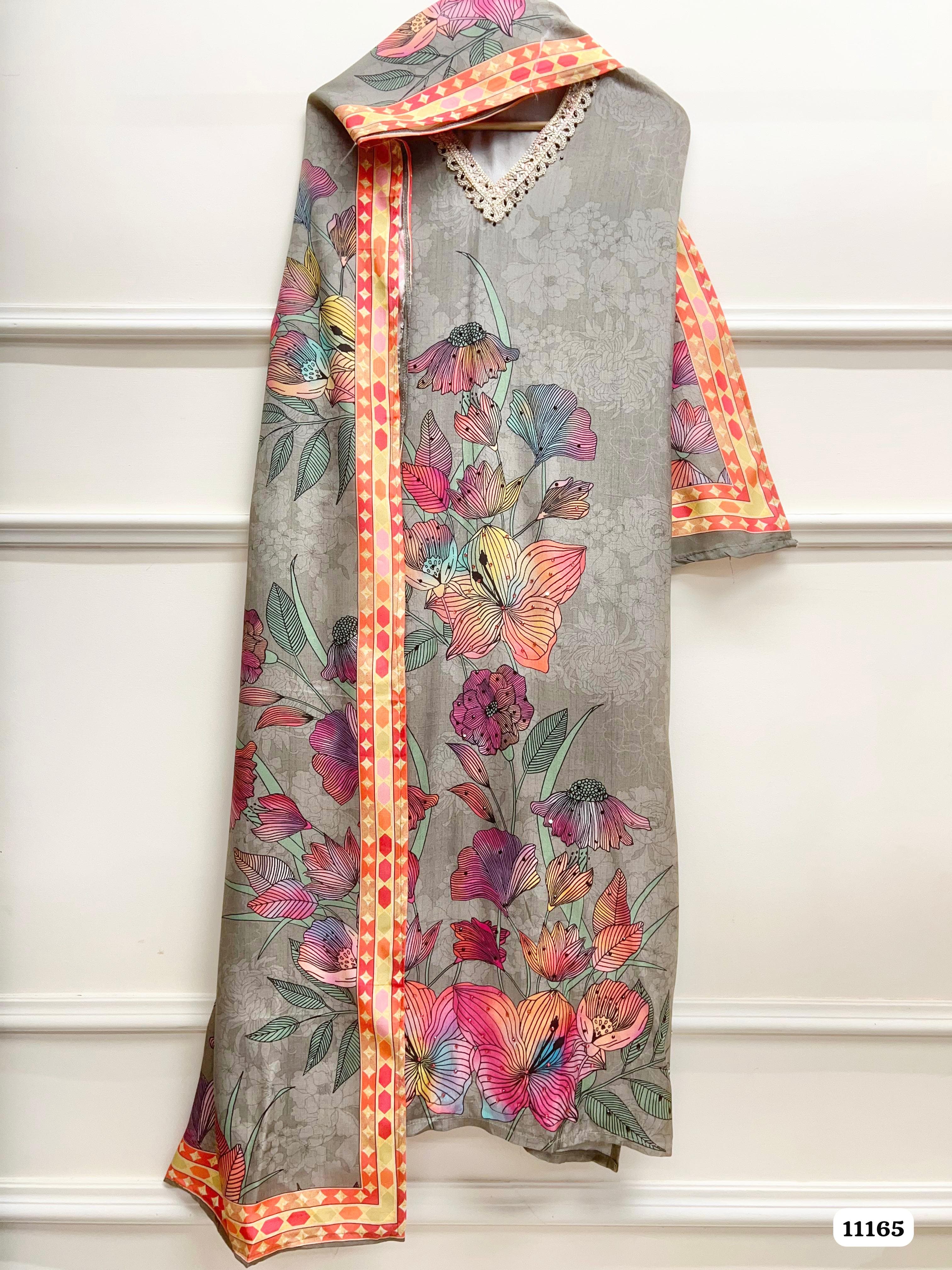 Grey Muslin Printed Unstitched Hand Embroidered -Set Of 3 {11165}