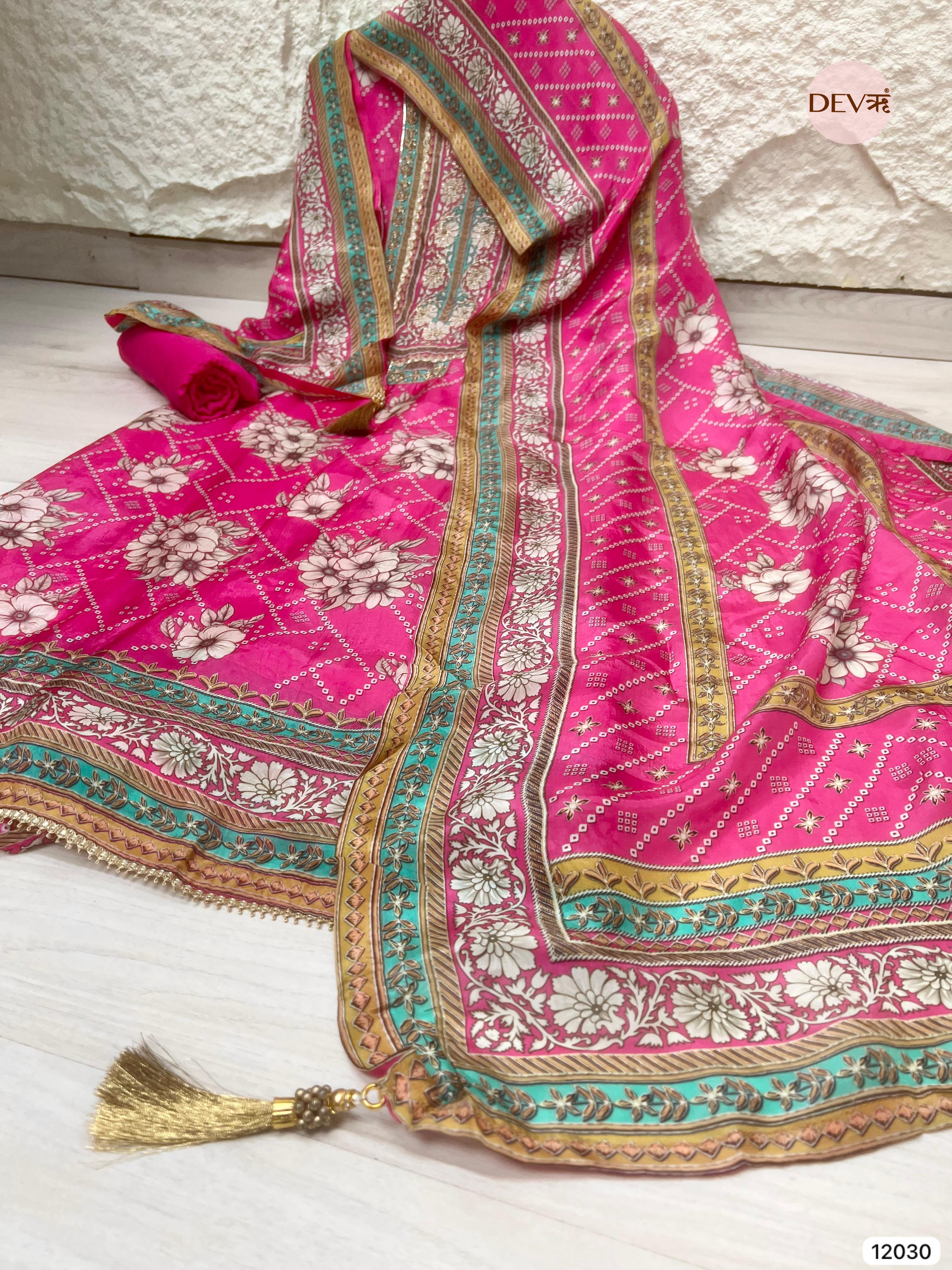 Pink Pure Glass Silk Unstitched Printed Zardosi Highlight Embroidered -Set Of 3 - {12030}