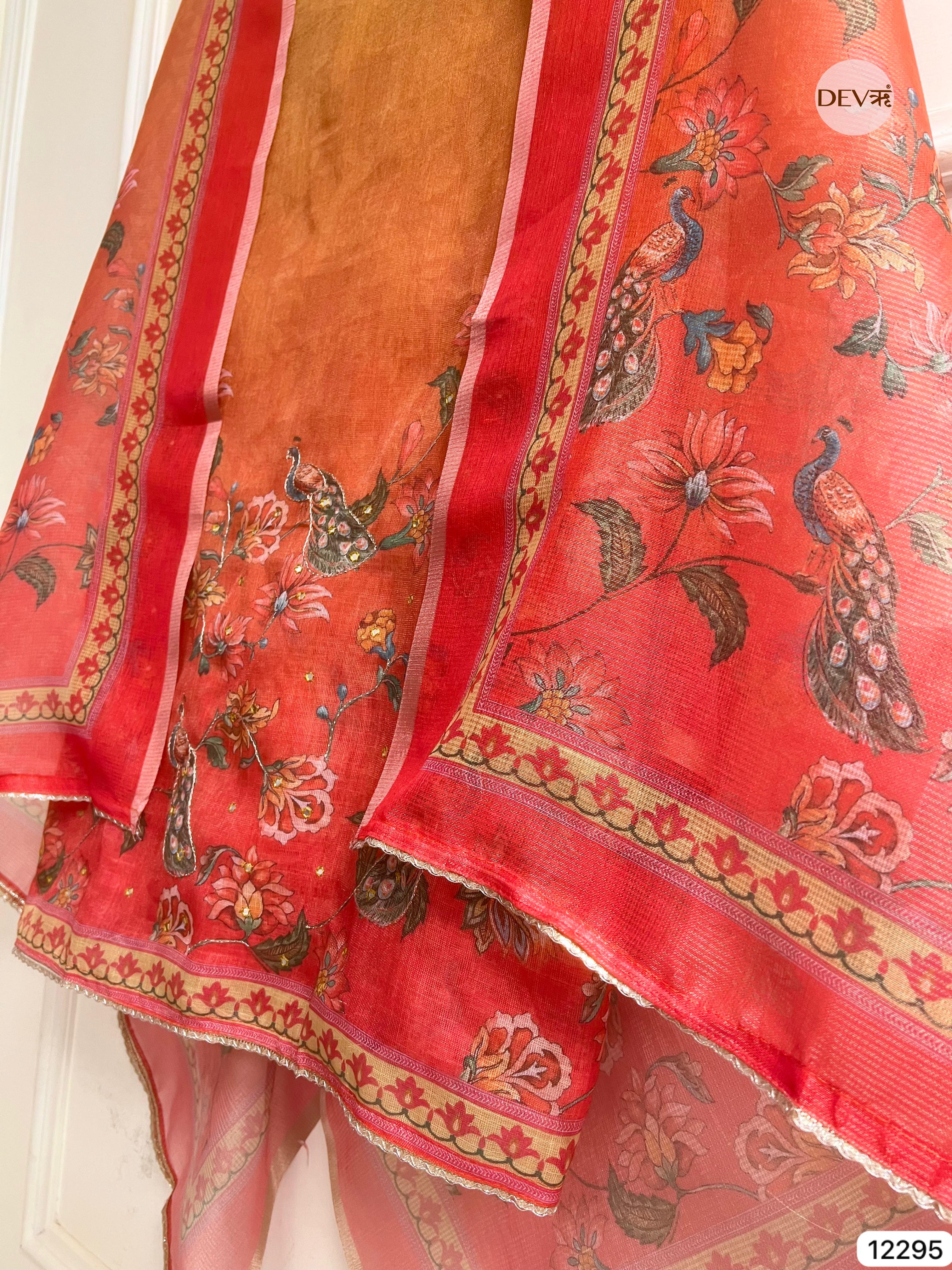 Mustard Red Linen Printed Unstitched 3-Piece Suit (Devri – D.No 12295)