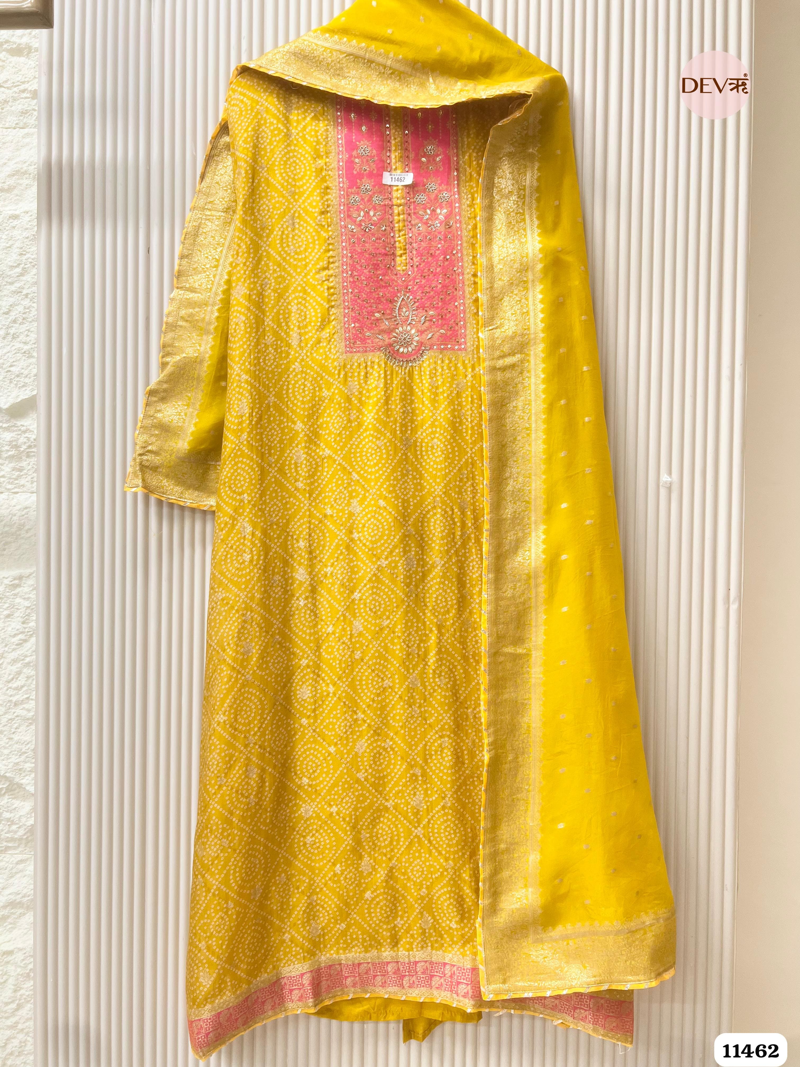 Yellow Russian Silk Woven Unstitched Embroidered -Set Of 3 {11462}