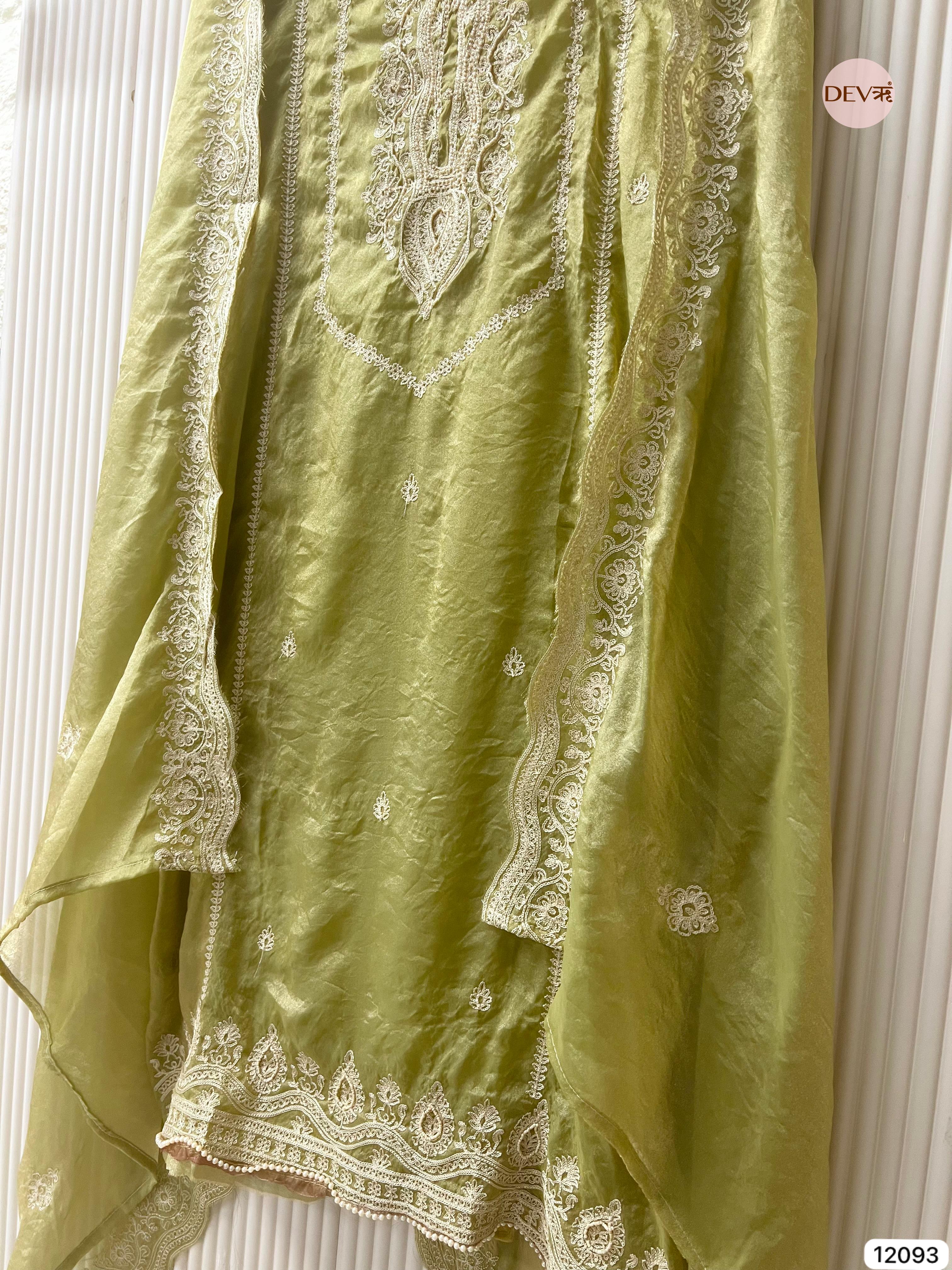 Green Tissue Crush Silk Unstitched Embroidered -Set Of 3 - {12093}