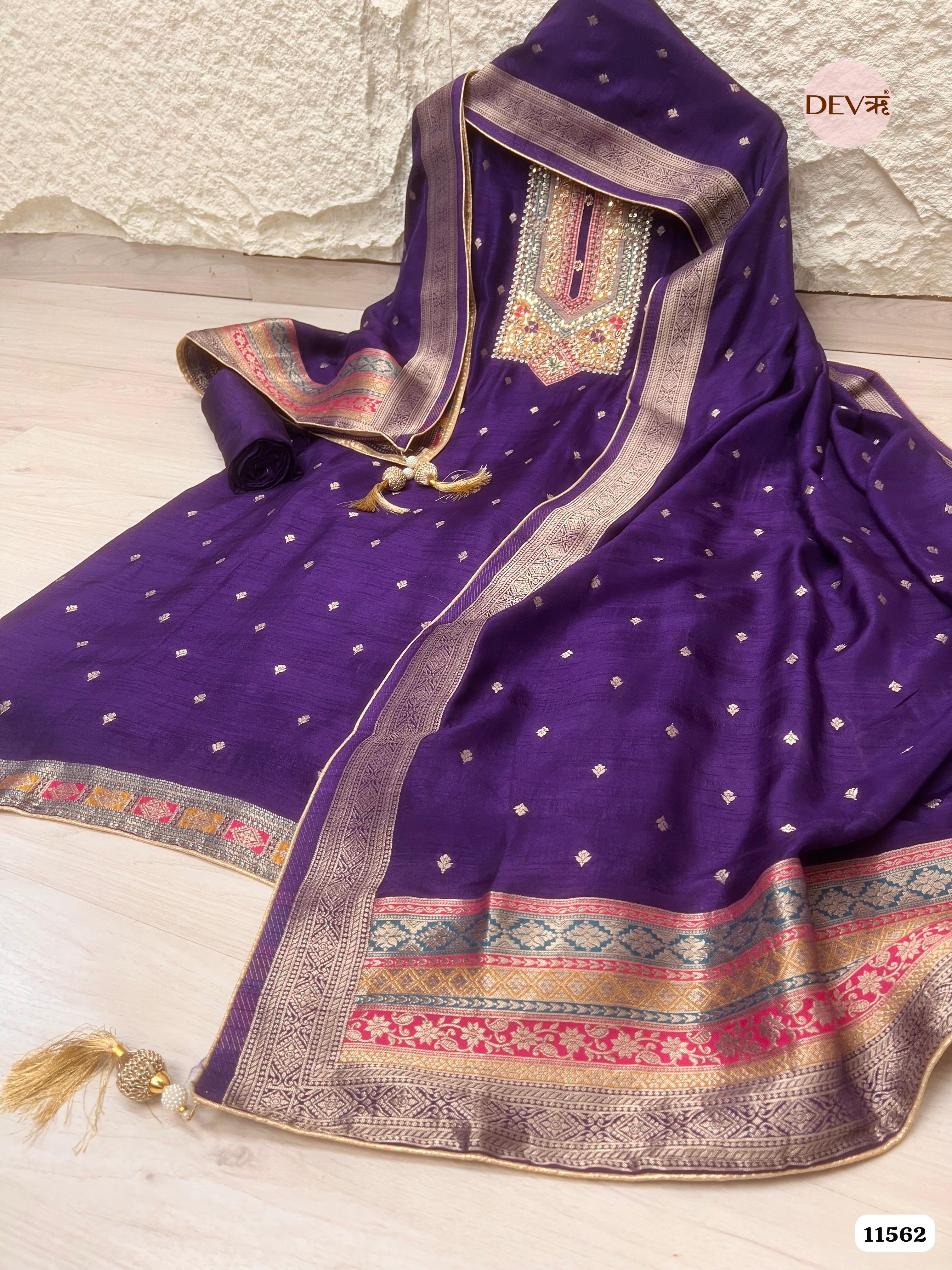 Purple Pure Russian silk Woven Unstitched Hand Embroidered -Set Of 3 {11562}