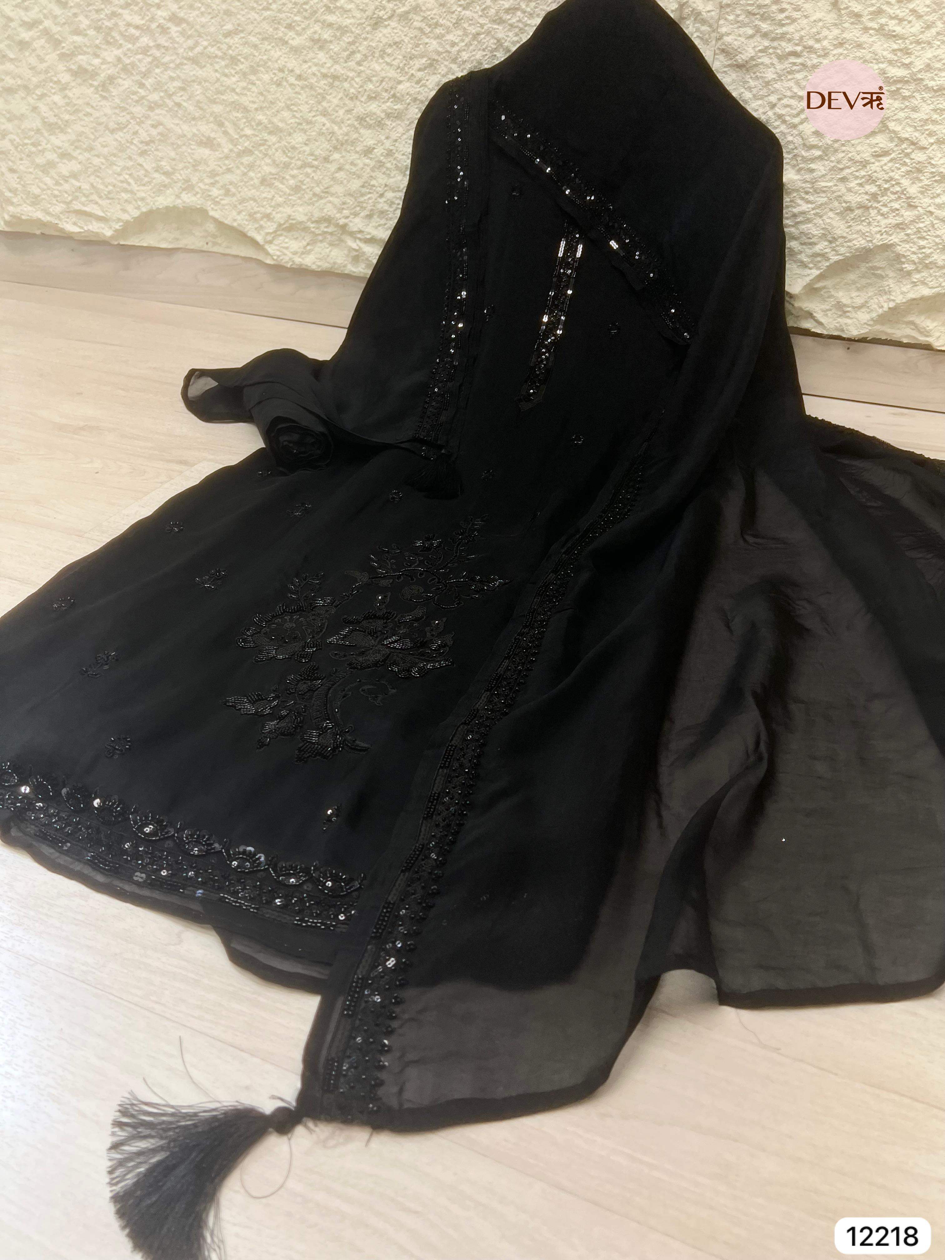 Black Organza Hand-Embroidered Unstitched 3-Piece Suit (Devri – D.No 12218)