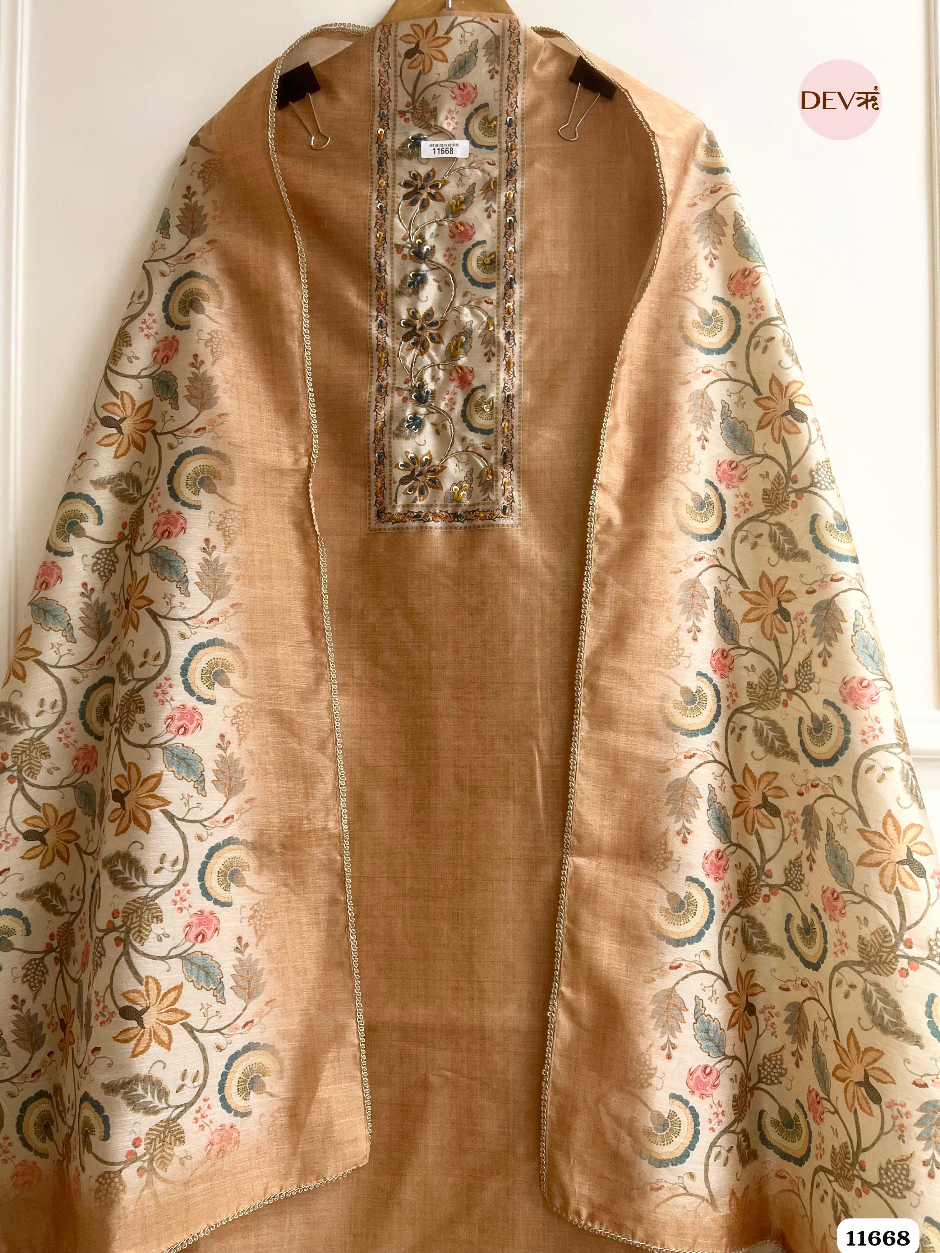 Light Brown Linen Silk Unstitched Printed Embroidered -Set Of 3