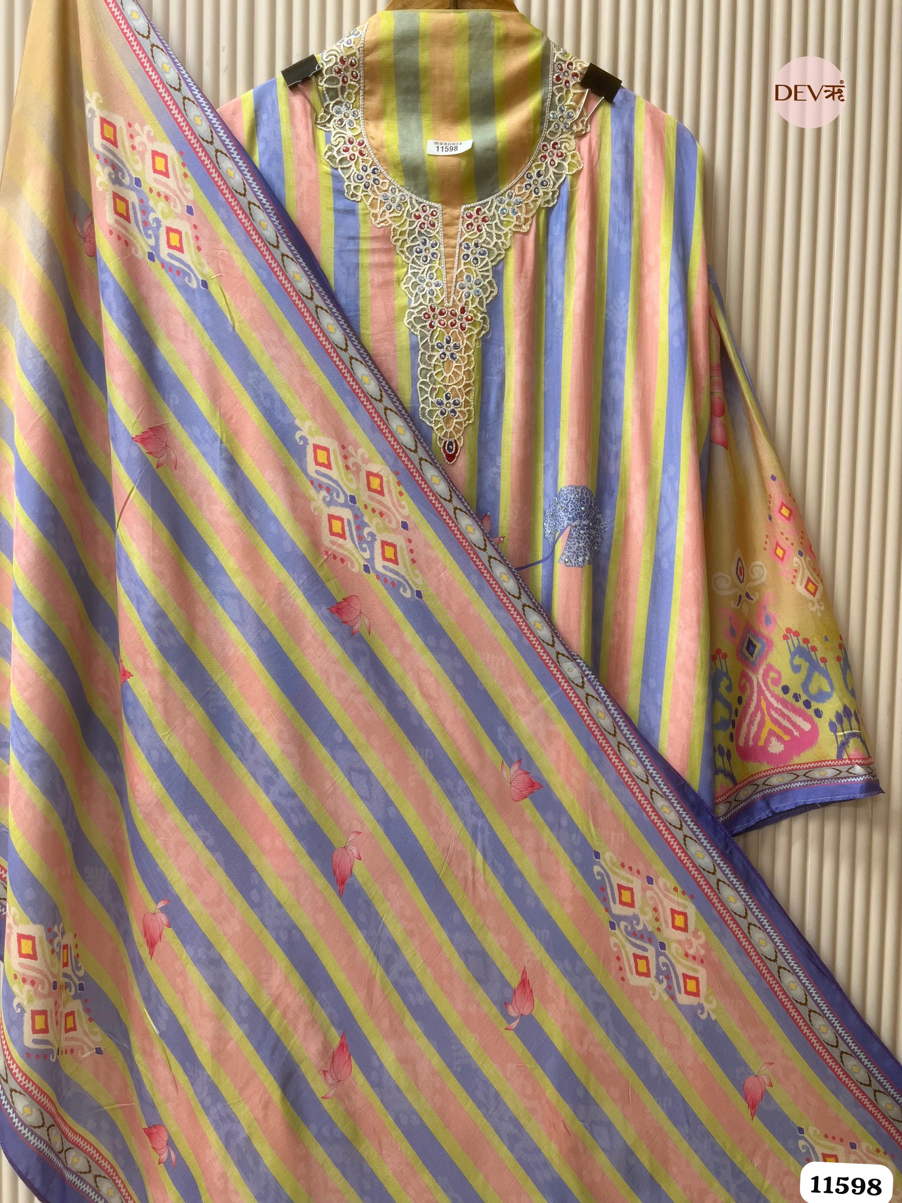 Multi-Colored Pure Muslin Semi Stitched Printed Embroidered -Set Of 3 {11598}