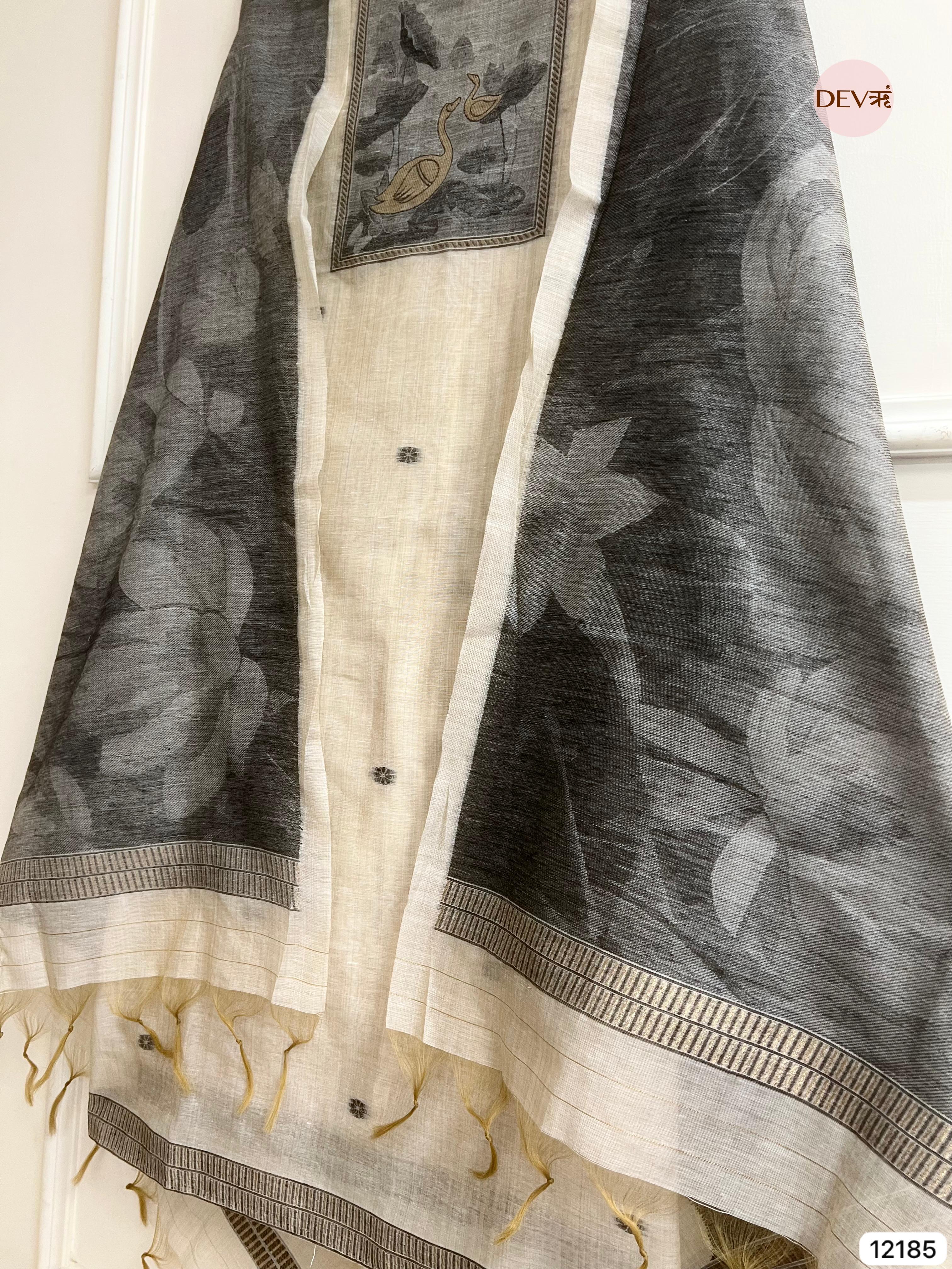 Beige Pure Jamdhani Silk Unstitched Banarasi Woven -Set Of 3 - {12185}