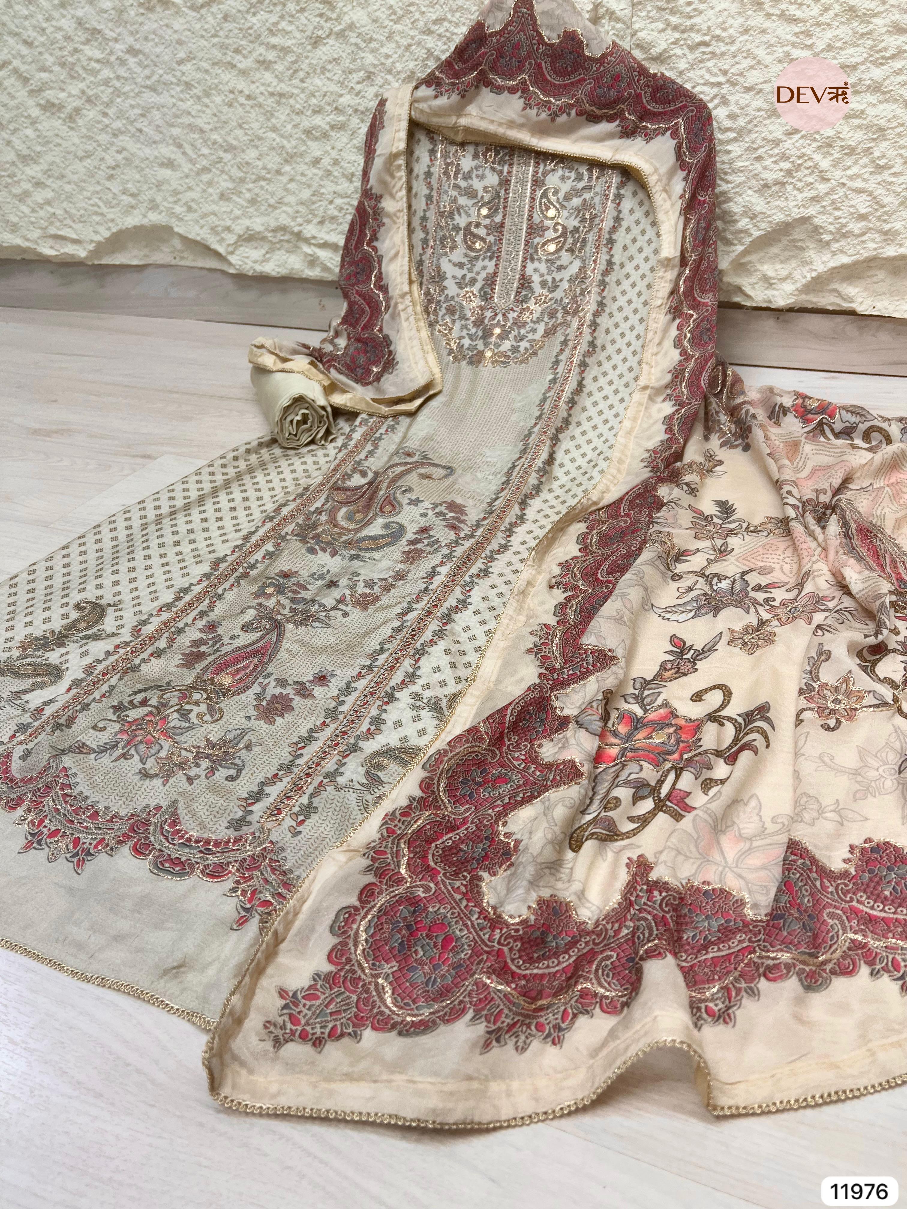 {11976} Beige Pure Muslin Unstitched Printed -Set Of 3