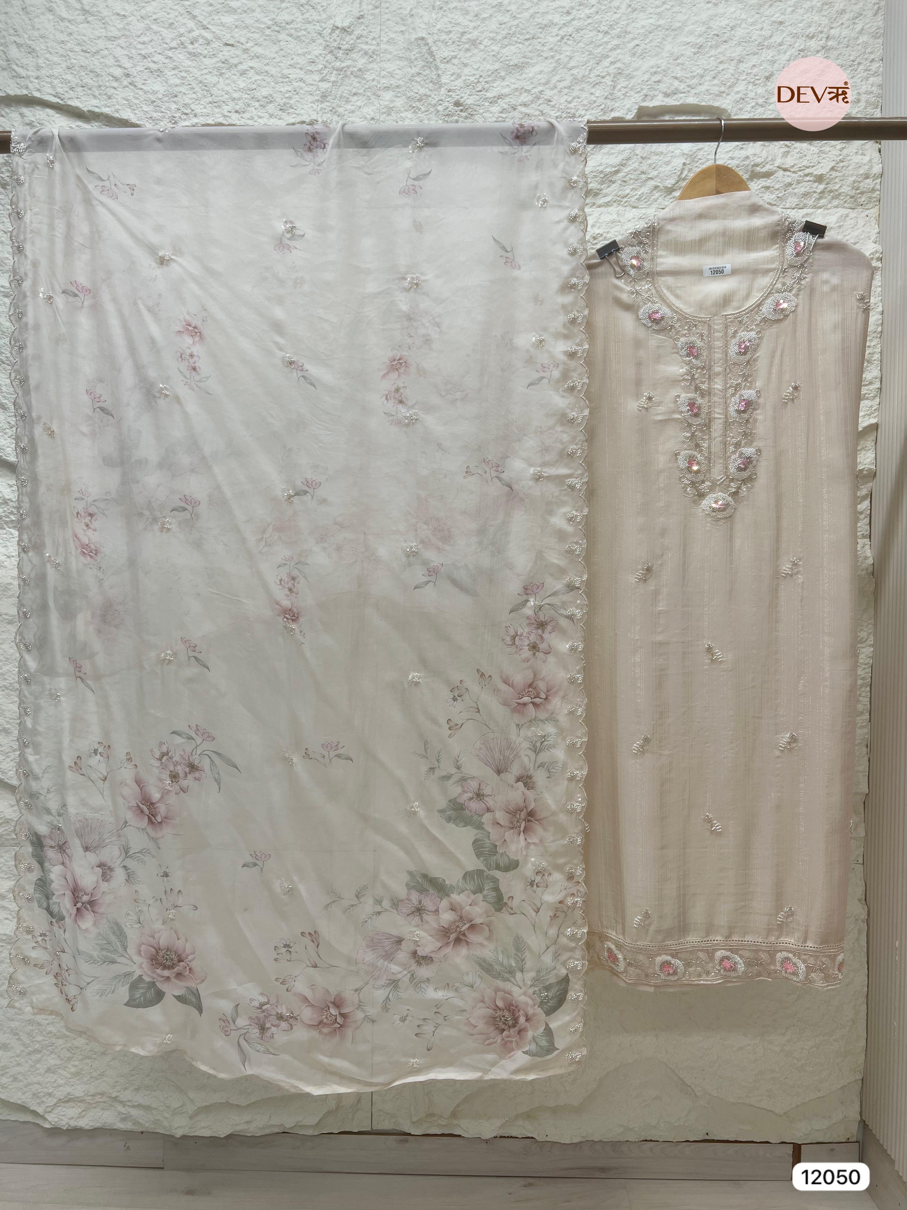 Off White Pure Organza Woven Unstitched Hand Embroidered -Set Of 3 - {12050}
