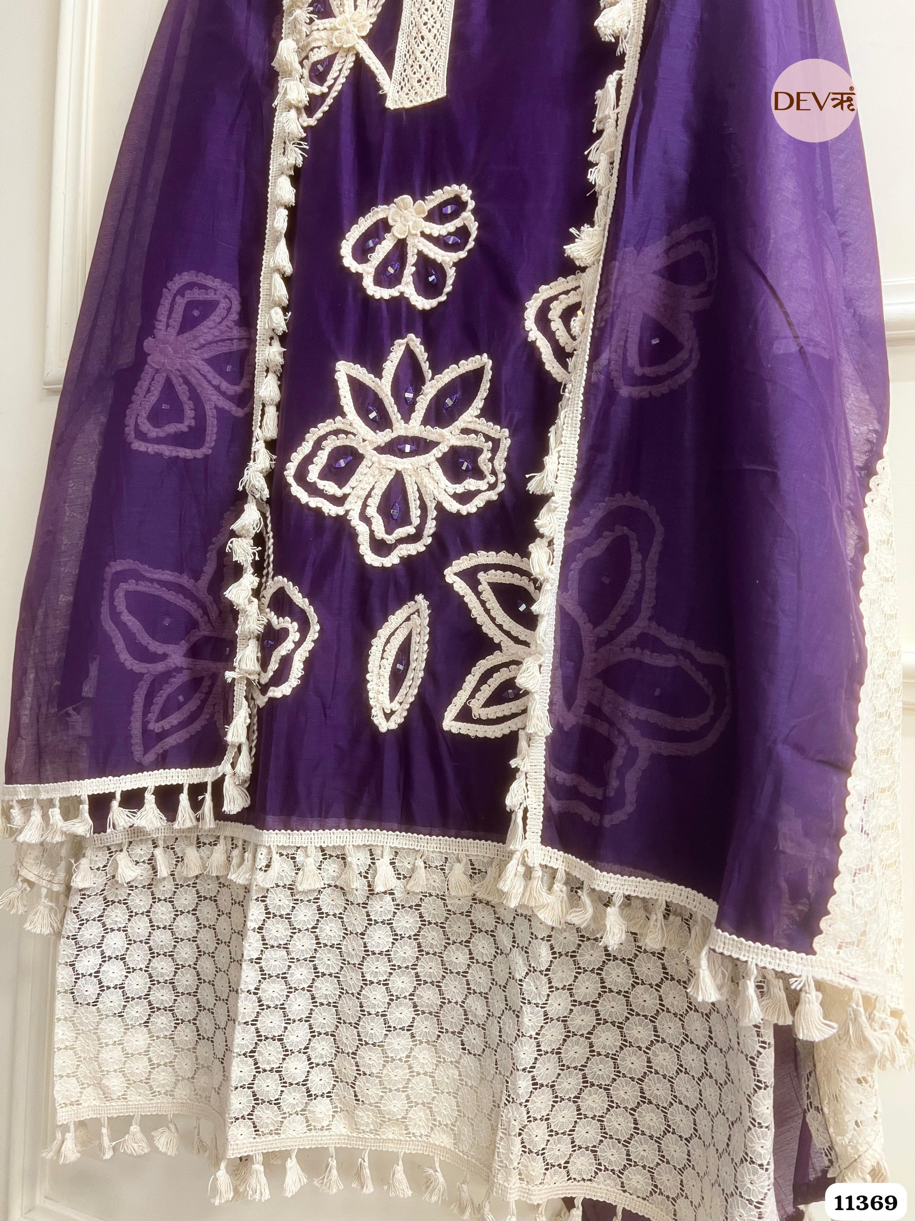 Purple Mul Chanderi Unstitched Hand Embroidered -Set Of 3 {11369}