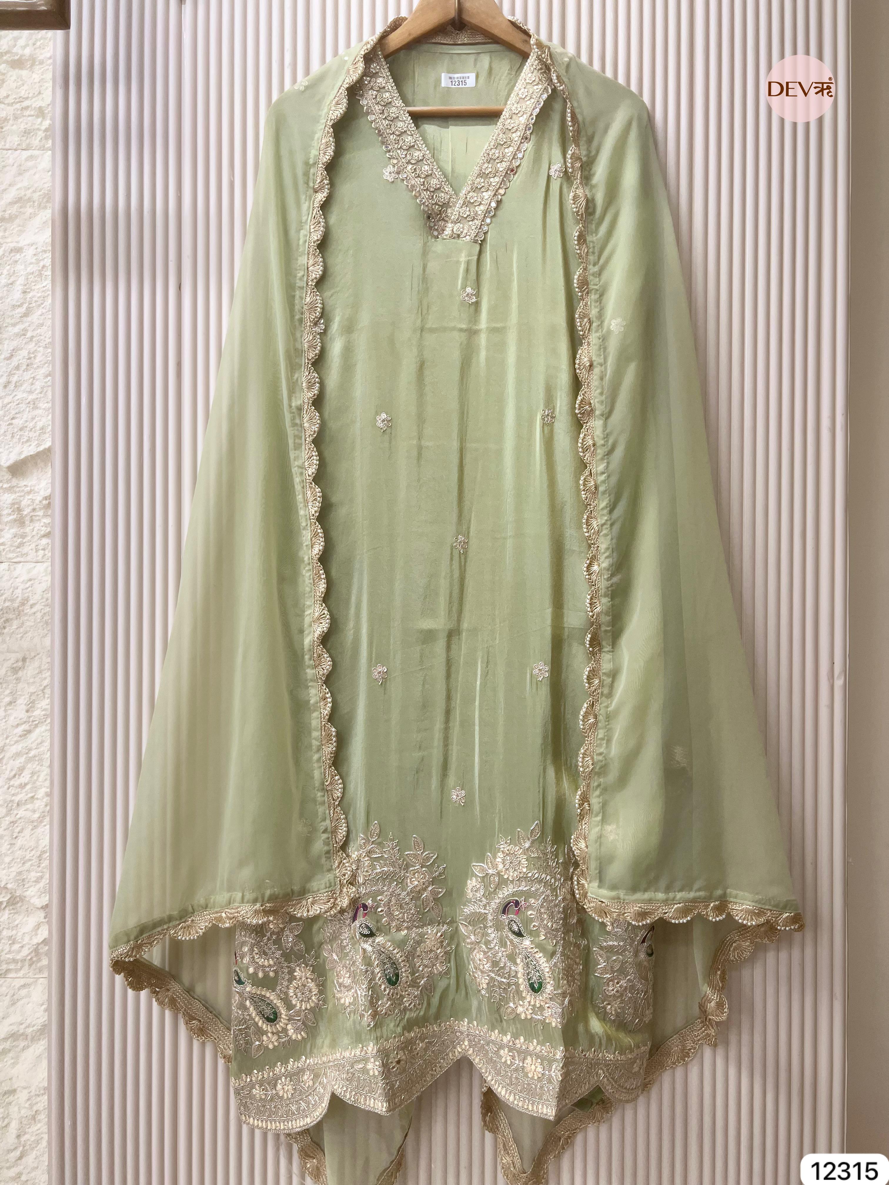Pistachio Green Shimmer Silk Embroidered Unstitched 3-Piece Suit (Devri – D.No 12315)