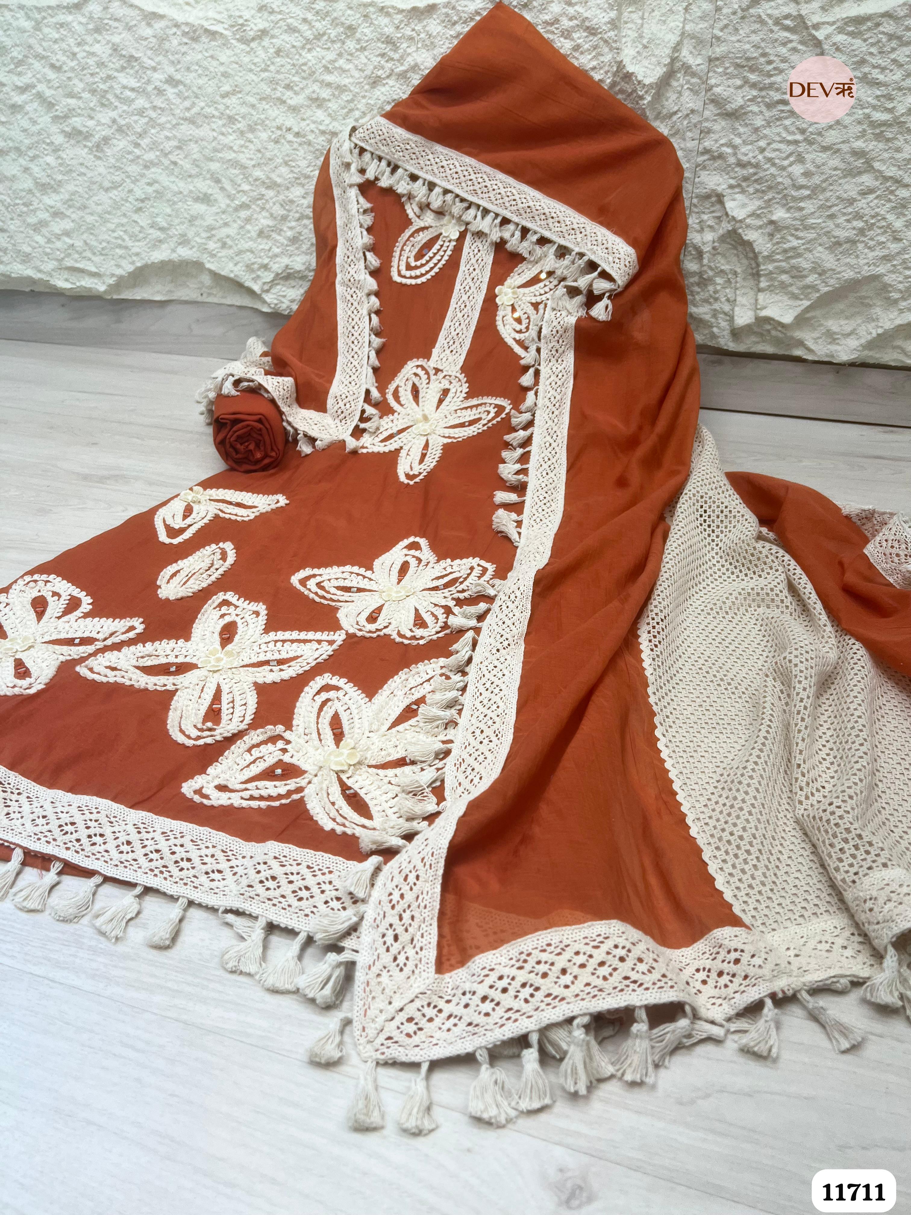 Rust Mul Chanderi Unstitched Hand Embroidered -Set Of 3 {11711}