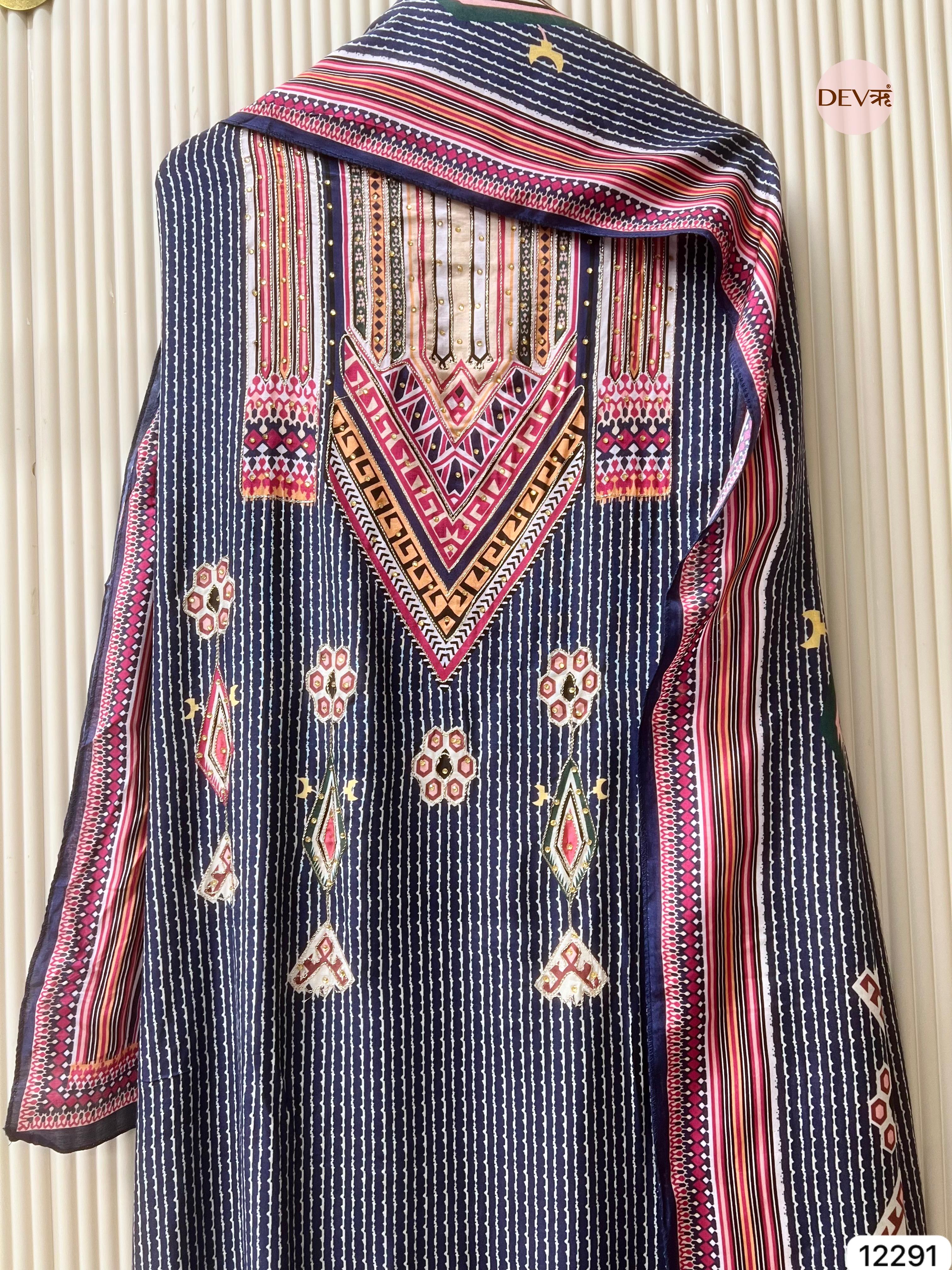Navy Printed Muslin Unstitched 3-Piece Suit (Devri – D.No 12291)