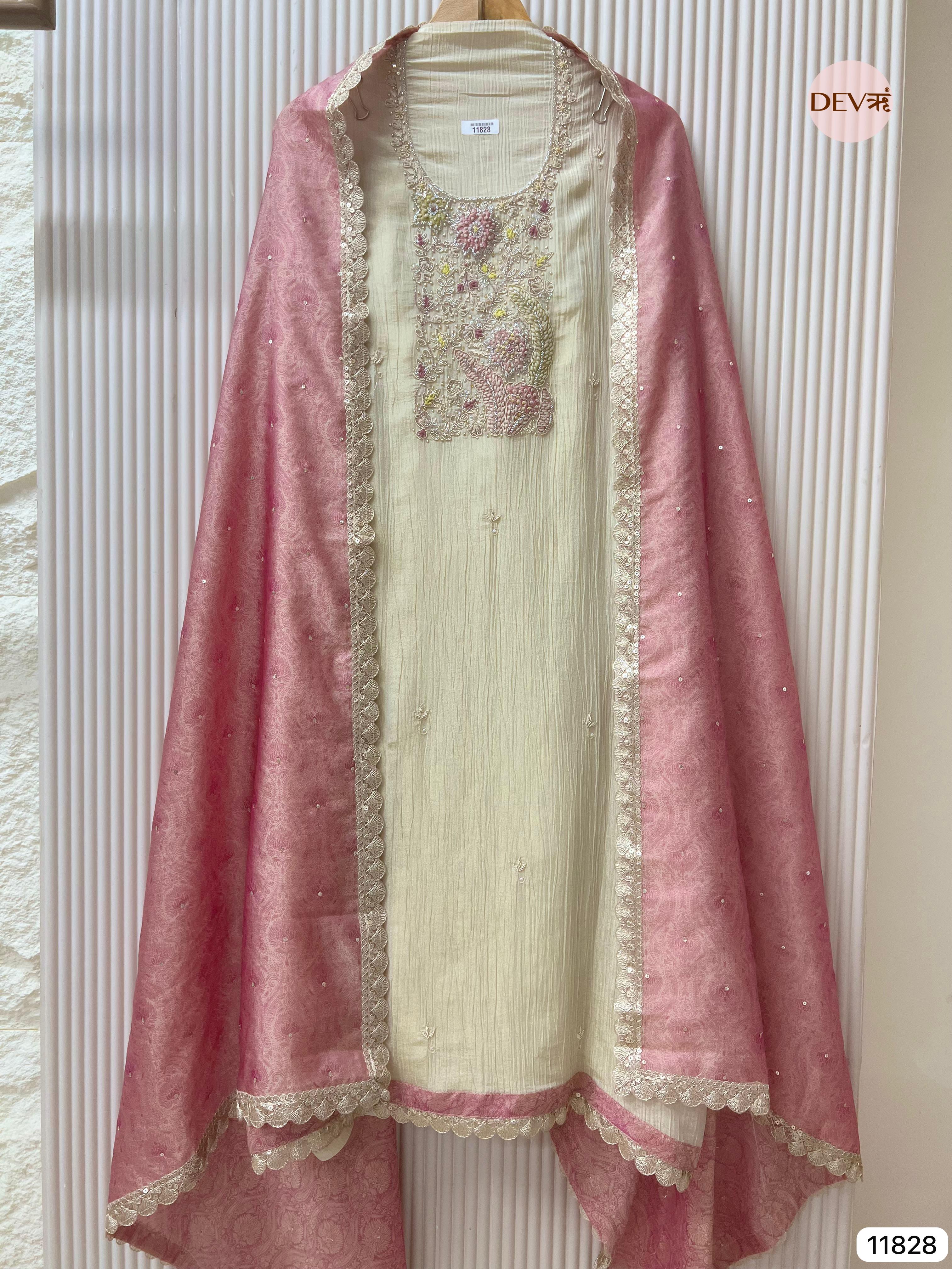 Off White Pure Tissue Crush Silk Unstitched Hand Embroidered -Set Of 3 - {11828}