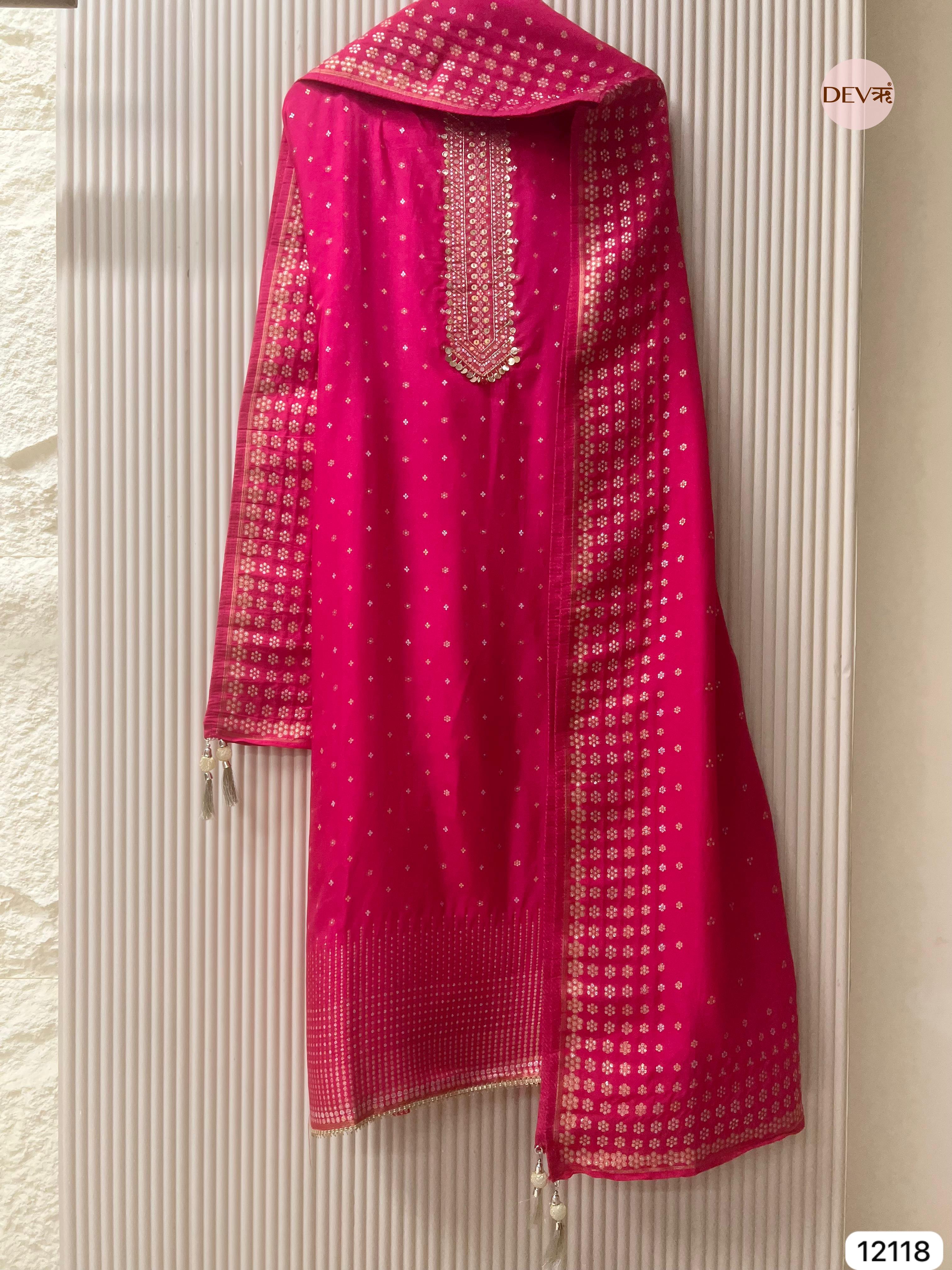 Pink Russian Silk Unstitched - Set Of 3 - {12118}