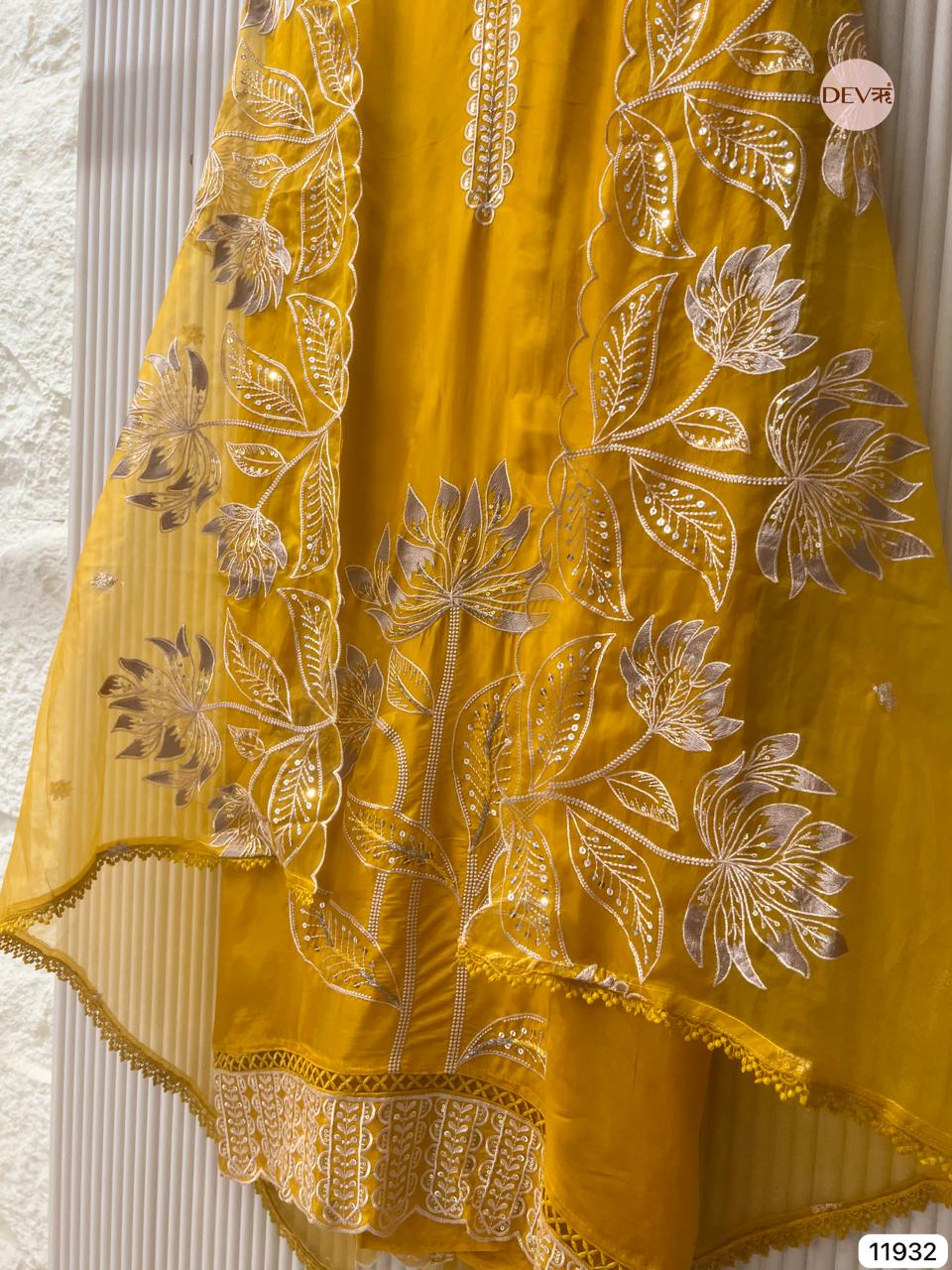 Yellow Glass Tissue Silk Unstitched Embroidered -Set Of 3 - {11932}