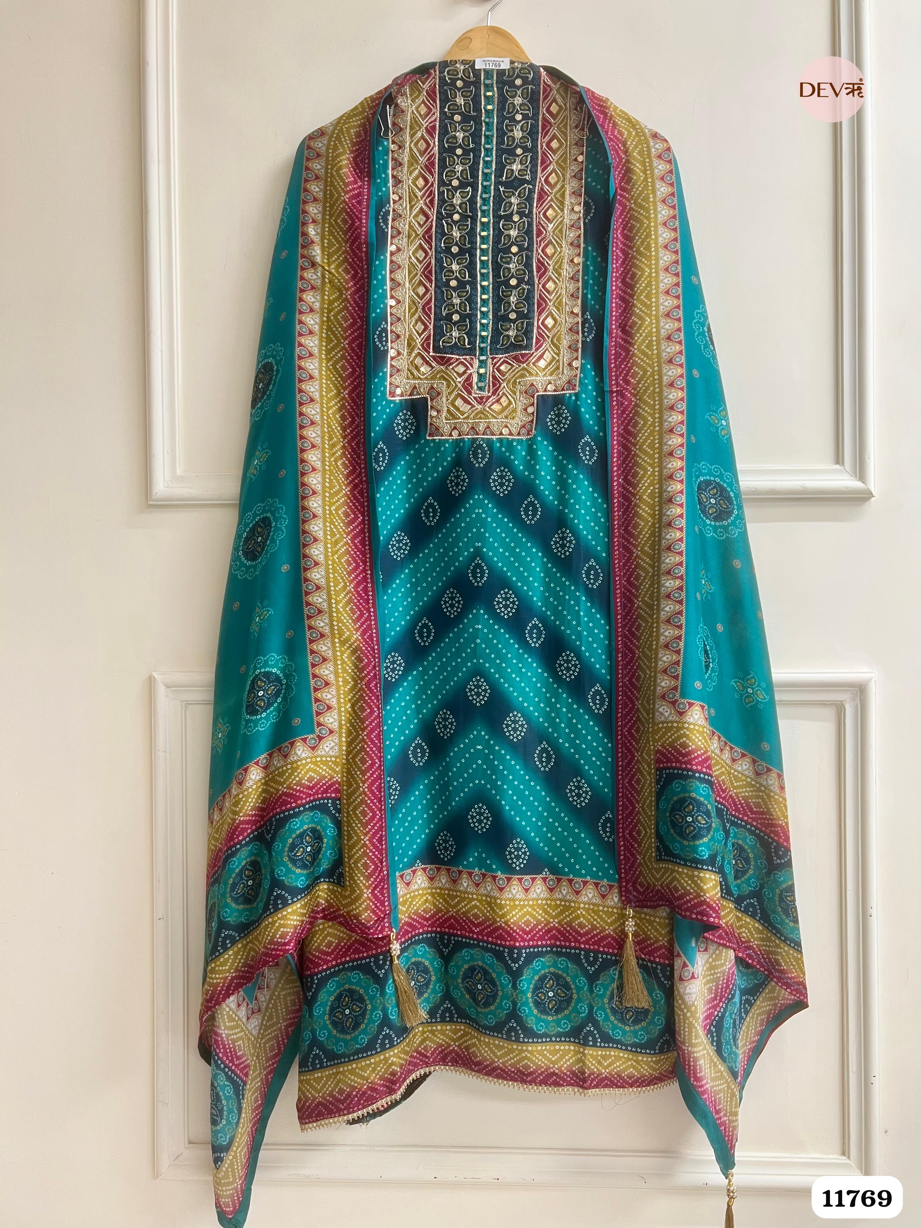 Blue Green Russian Silk Printed Unstitched Hand Embroidered -Set Of 3 {11769}