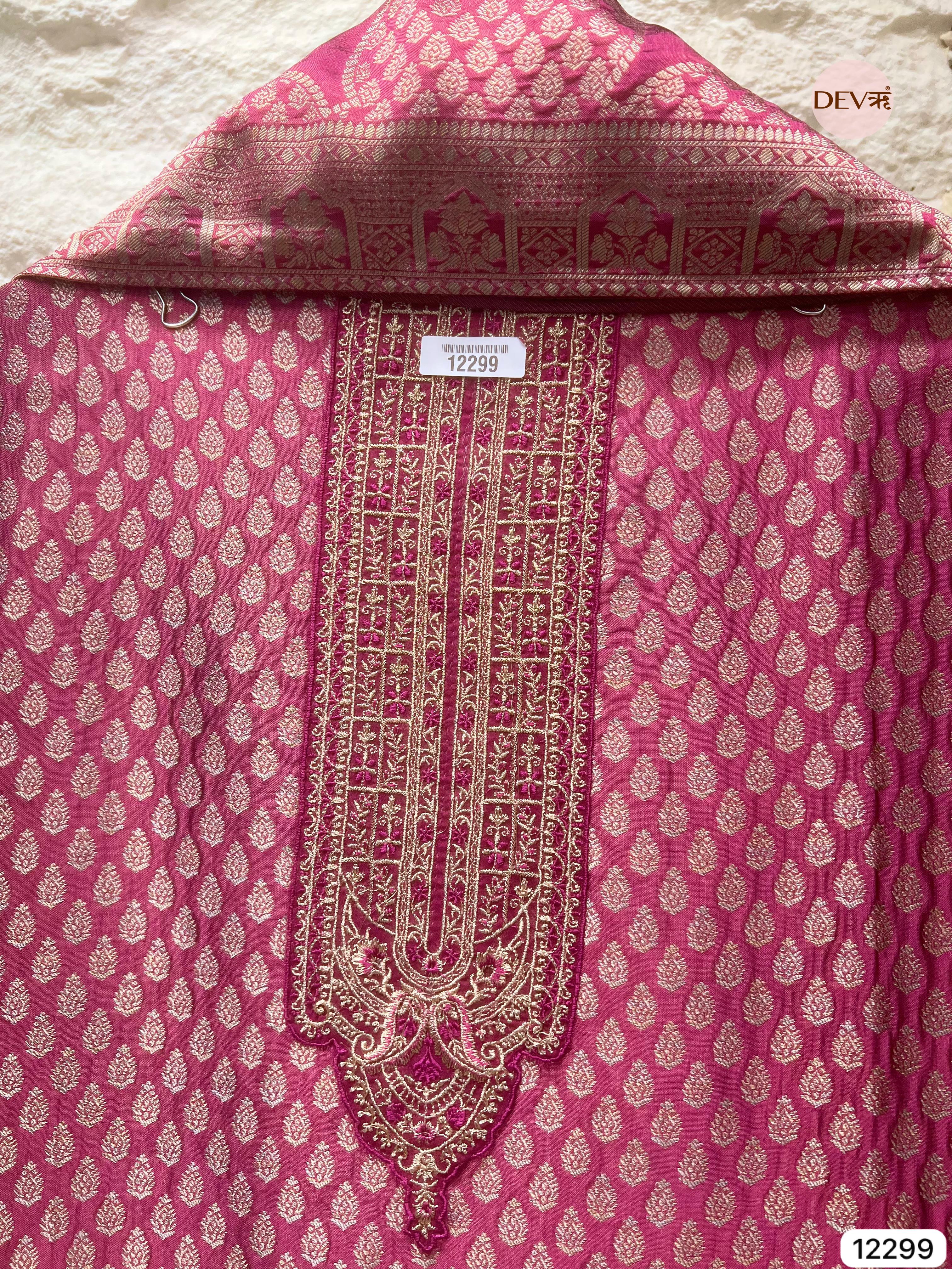 Rani Pink Pure Banarasi Silk Woven Unstitched 3-Piece Suit (Devri – D.No 12299)