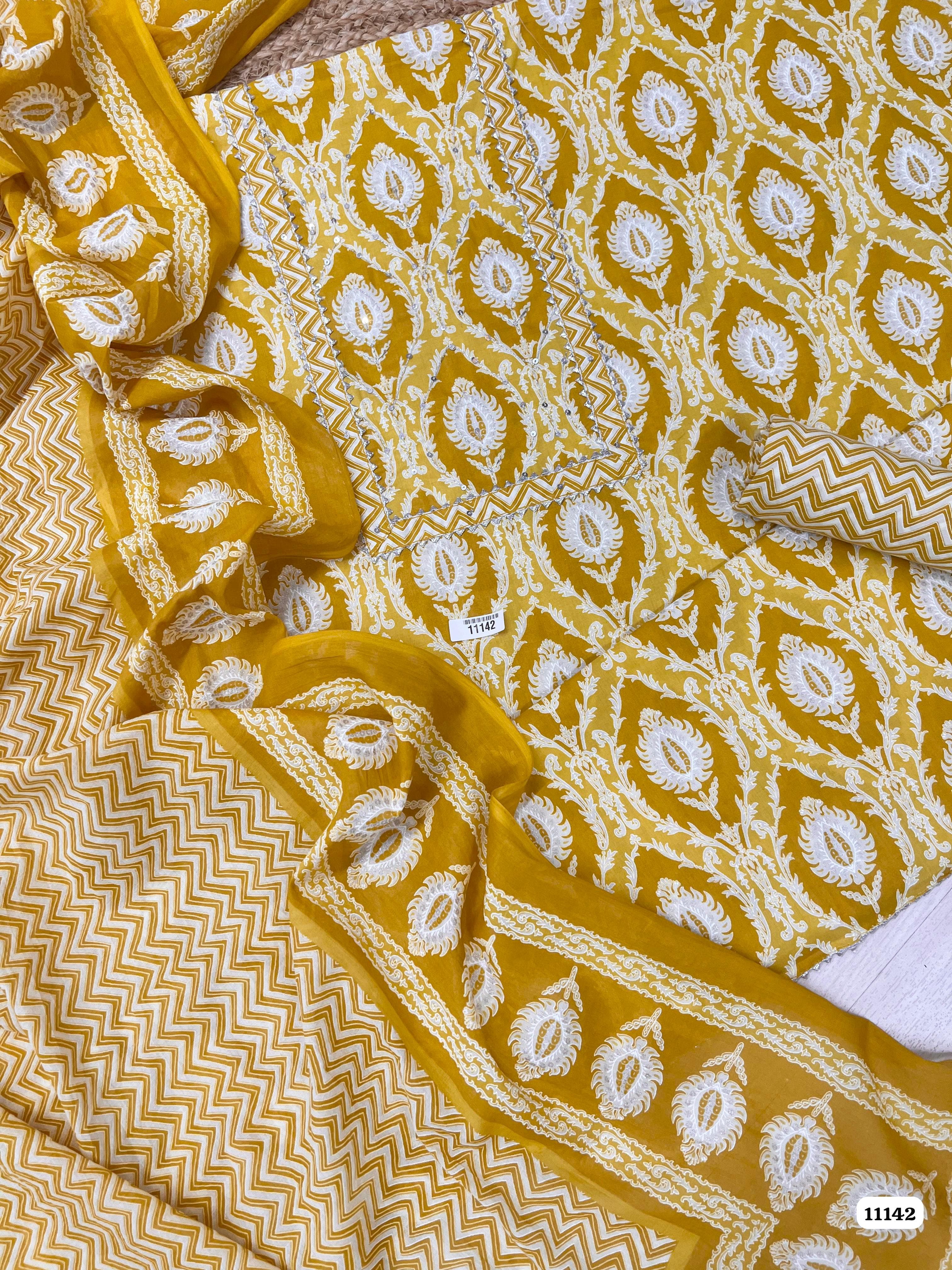 Yellow Cotton Printed Unstitched Hand Embidered -Set Of 3 {11142}