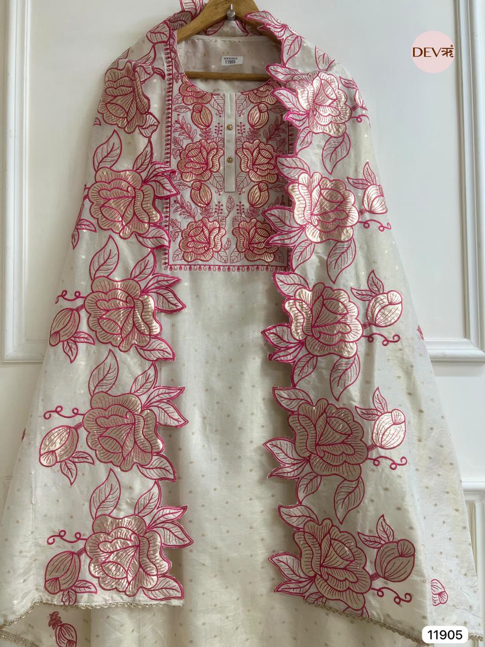 Cream Colour Pure Tissue Shimmer Unstitched Embroidered -Set Of 3 - {11905}