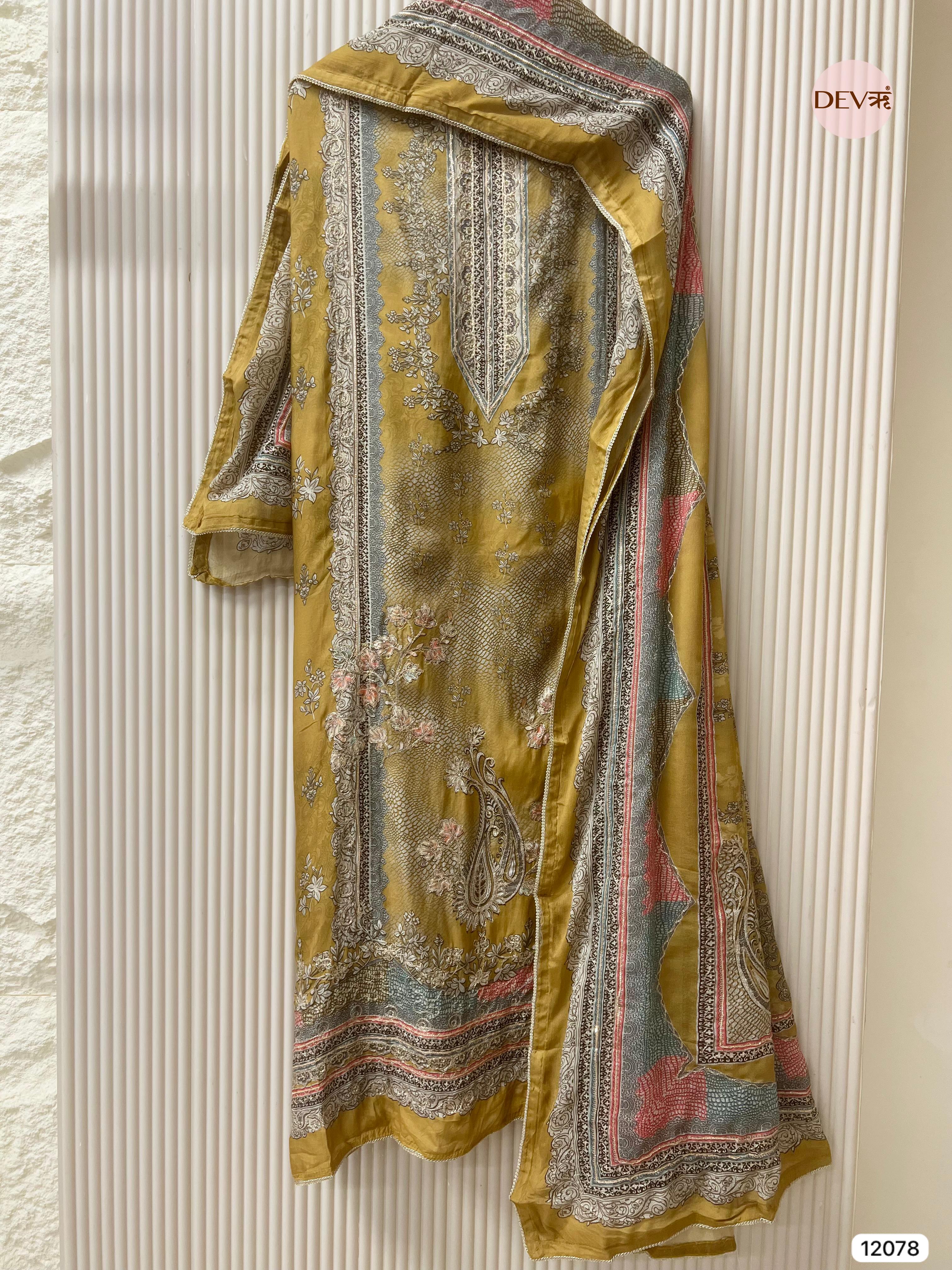 Yellow Pure Muslin Unstitched Printed With Hand Zardosi Embroidery -Set Of 3 - {12078}