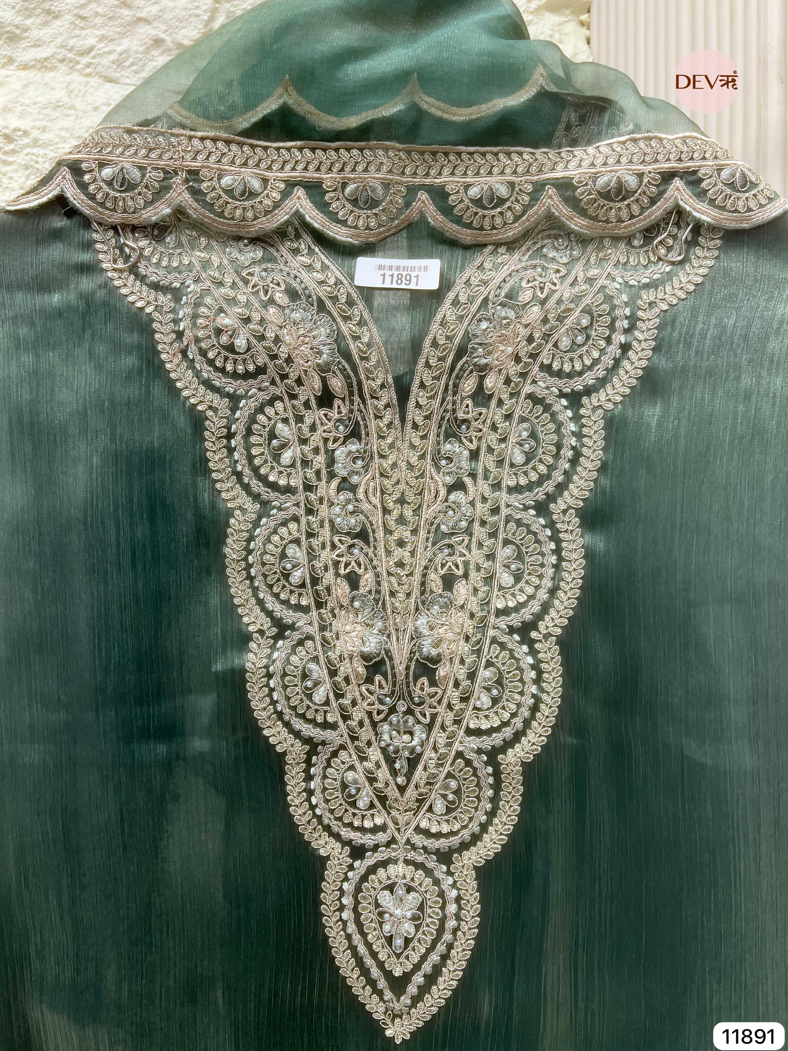 Dark Green Tissue Shimmer Silk Unstitched Printed Embroidered -Set Of 3- {11891}