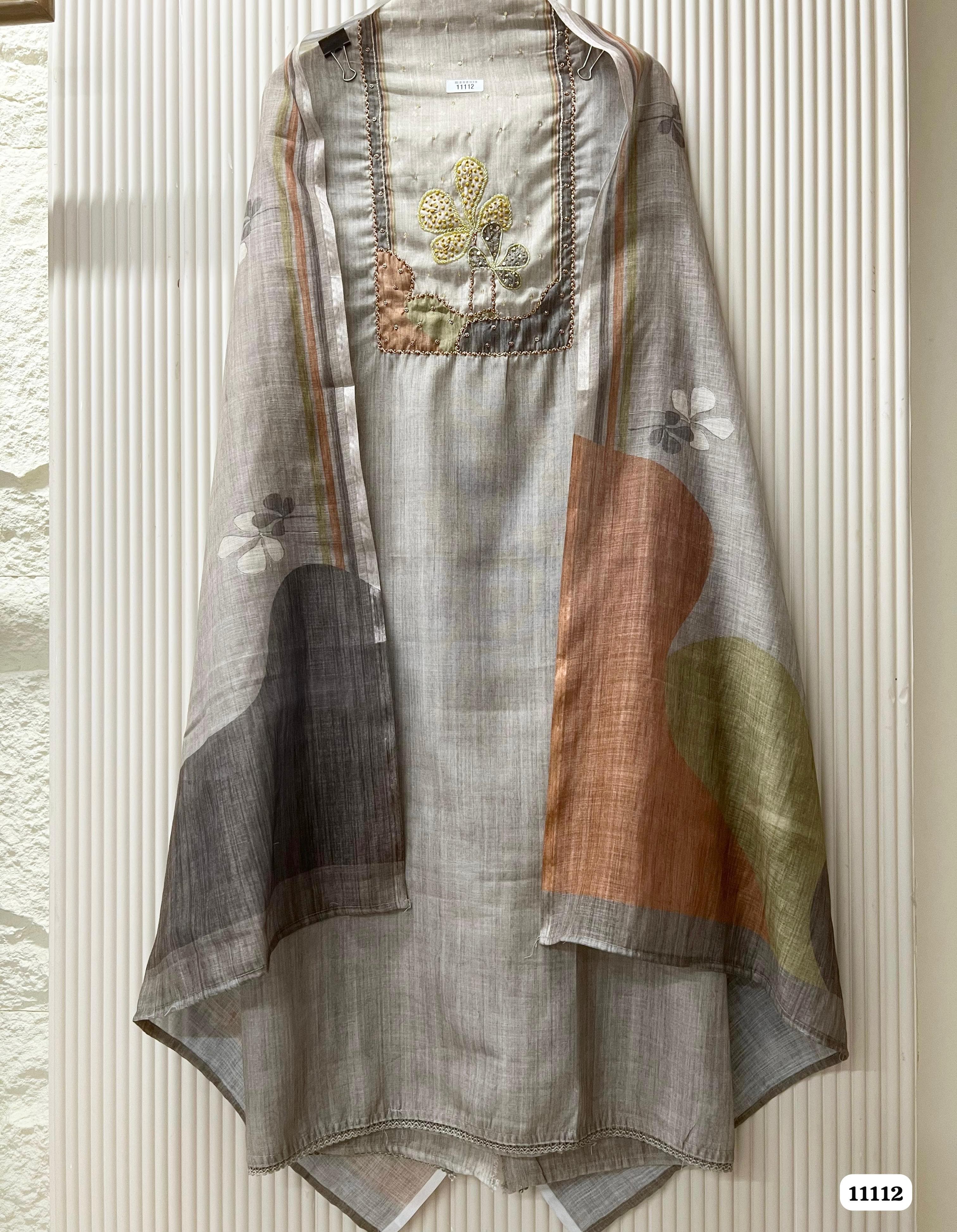 Grey Linen Printed Unstitched Hand Emboidered-Set Of 3 {11112}