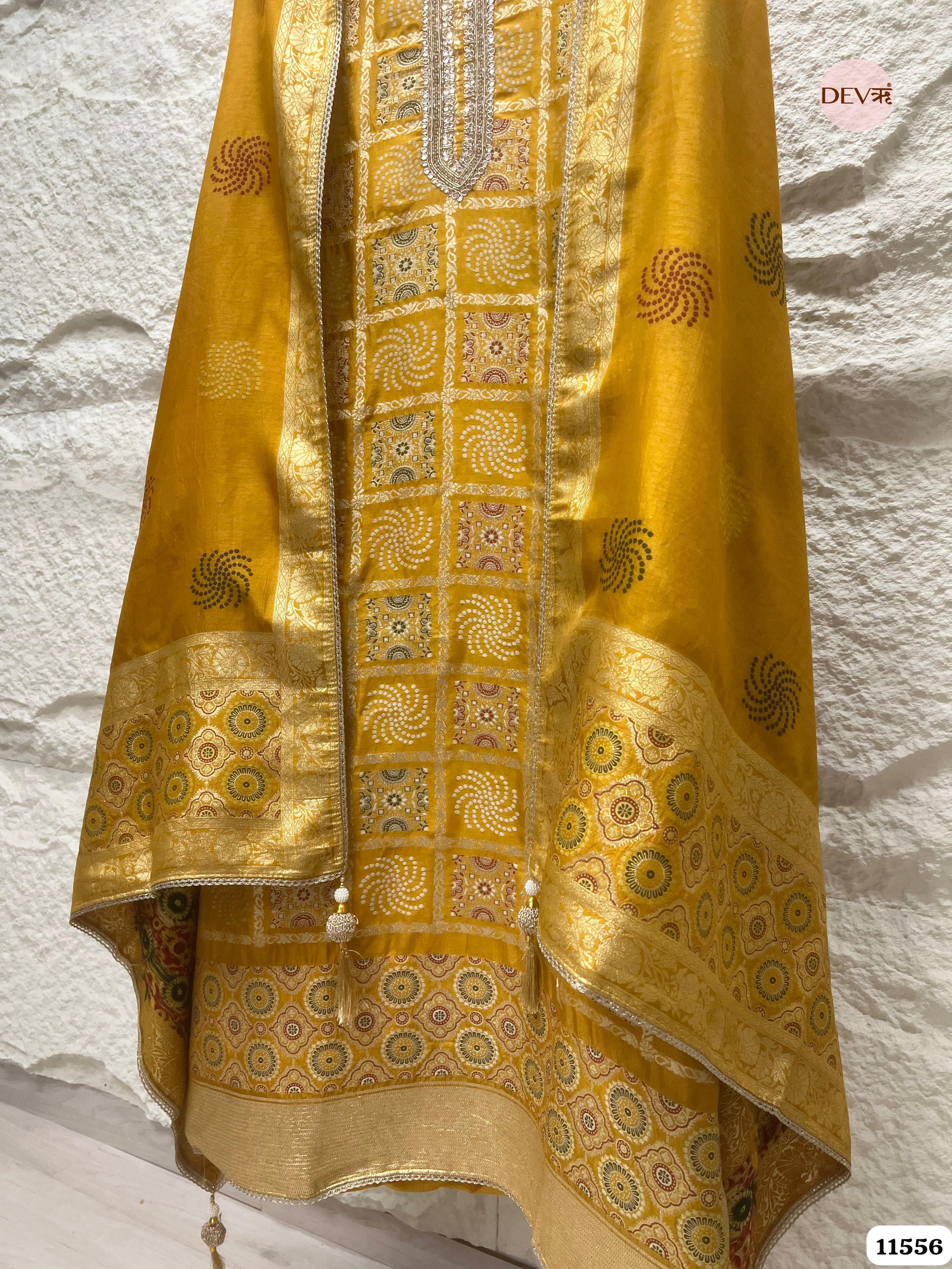 Mustard Yellow Pure Banarasi Silk Woven Unstitched Hand Embroidered -Set Of 3 {11556}