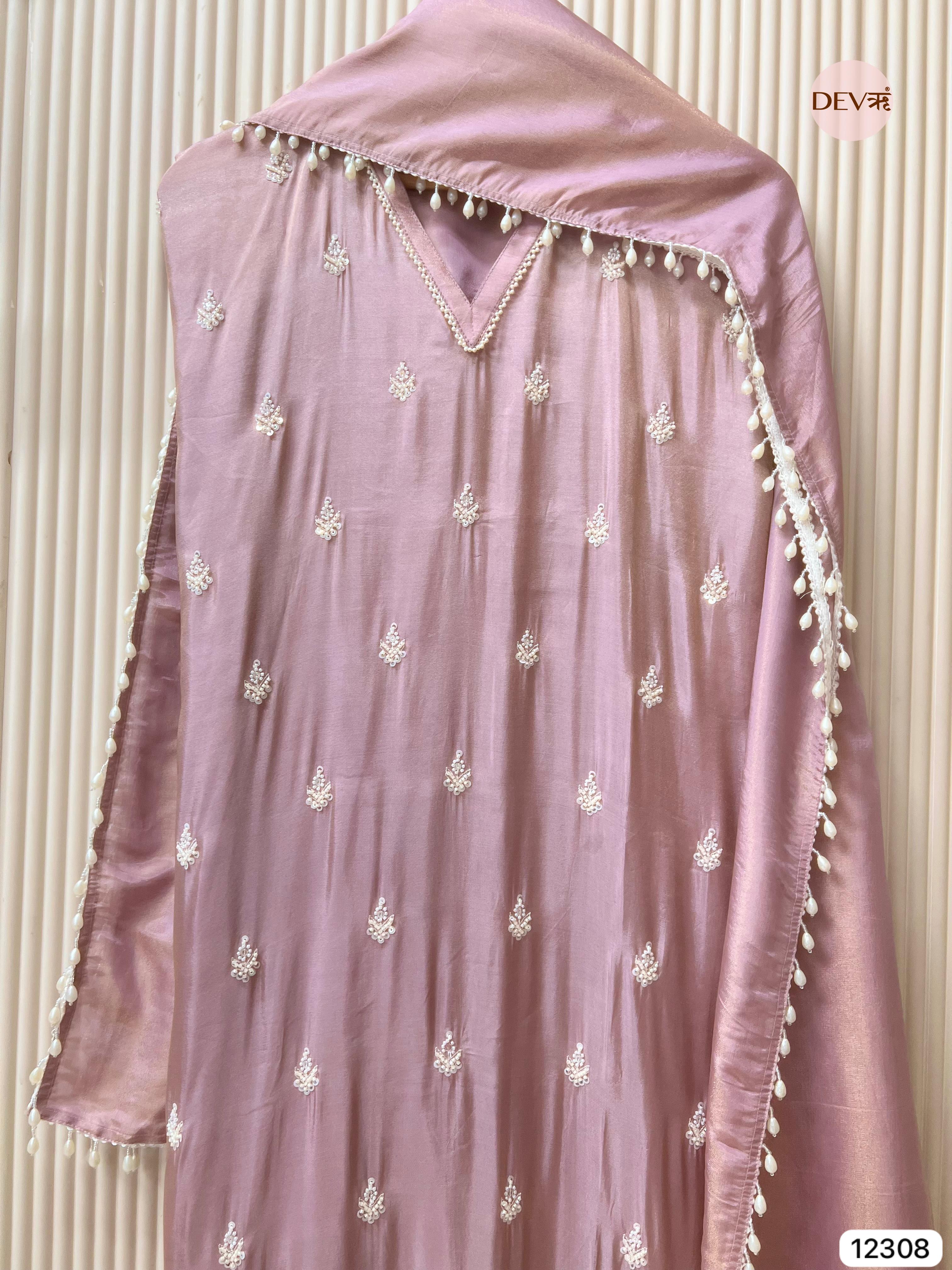 Dusty Mauve Shimmer Silk Embroidered Unstitched 3-Piece Suit (Devri – D.No 12308)