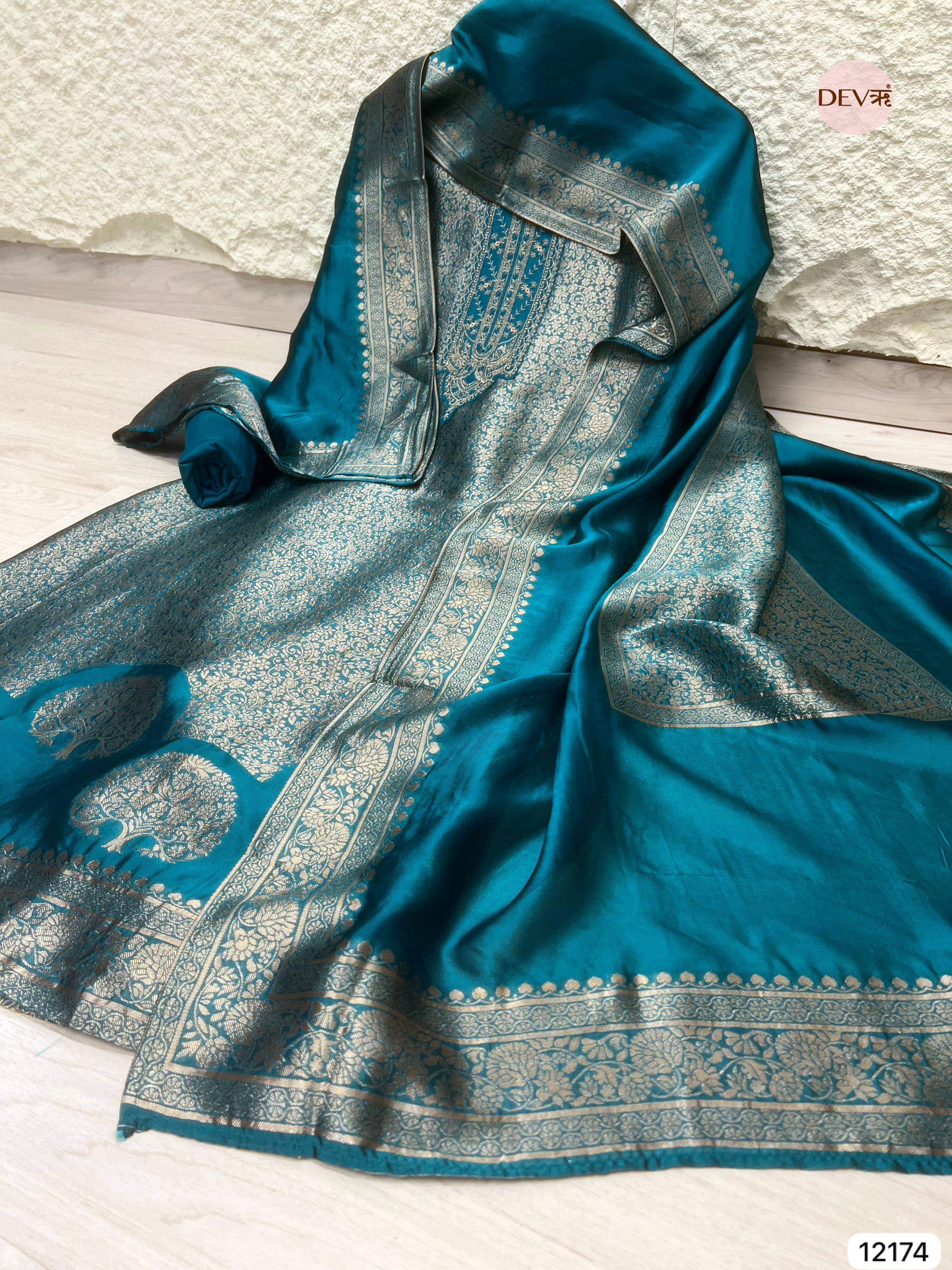 peacock Blue Pure Banarasi silk Unstitched Hand Embroidered -Set Of 3 - {12174}