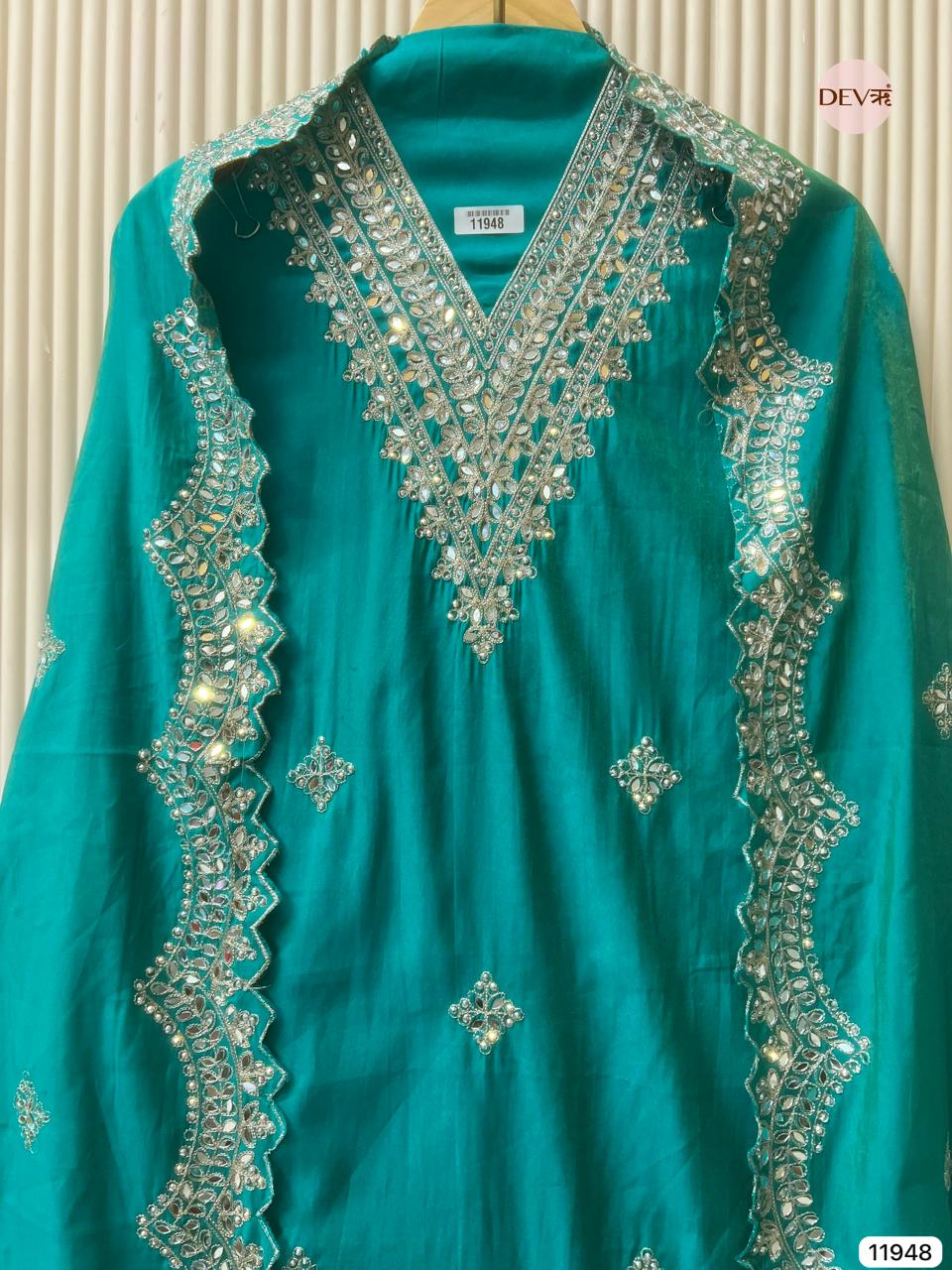 Greenish-Blue Modal Silk Unstitched Hand Embroidered -Set Of 3 - {11948}