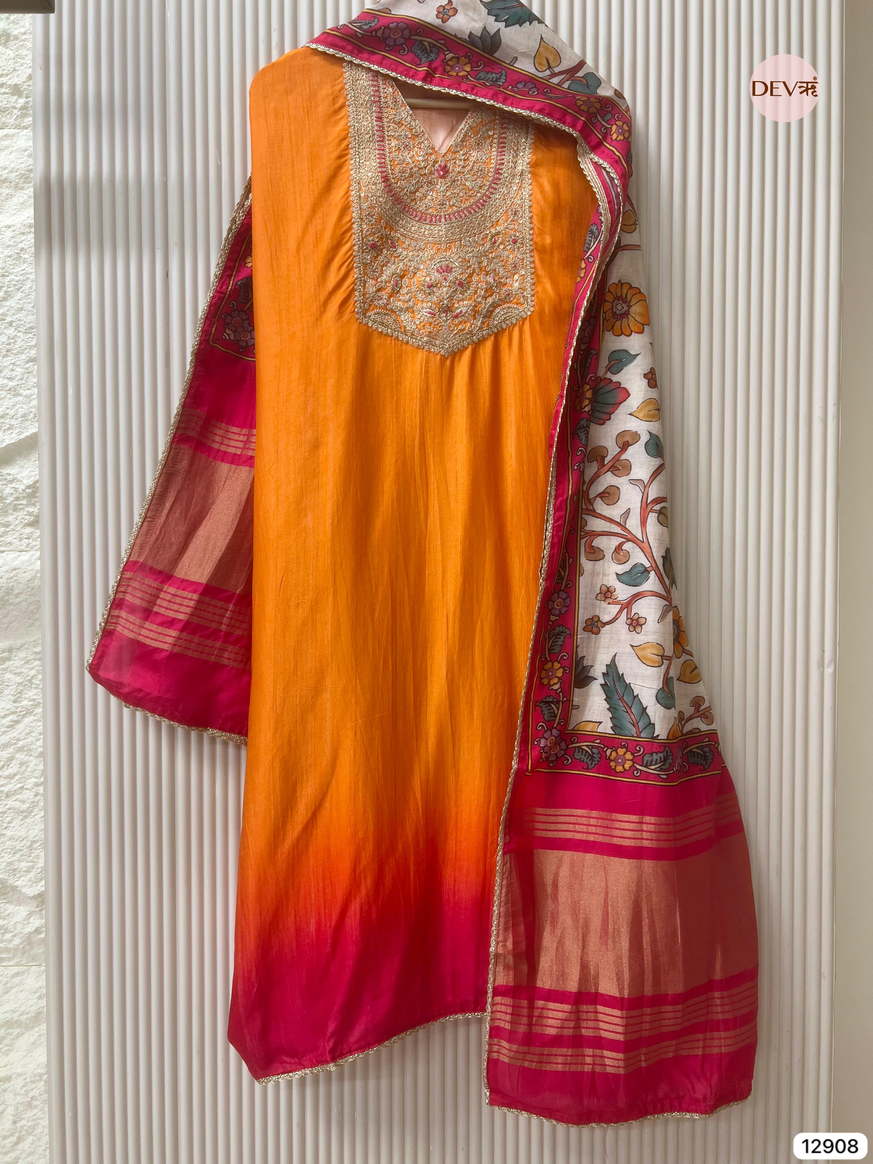 Orange Russian Silk Unstitched Embroidered -Set Of 3 - {11908}
