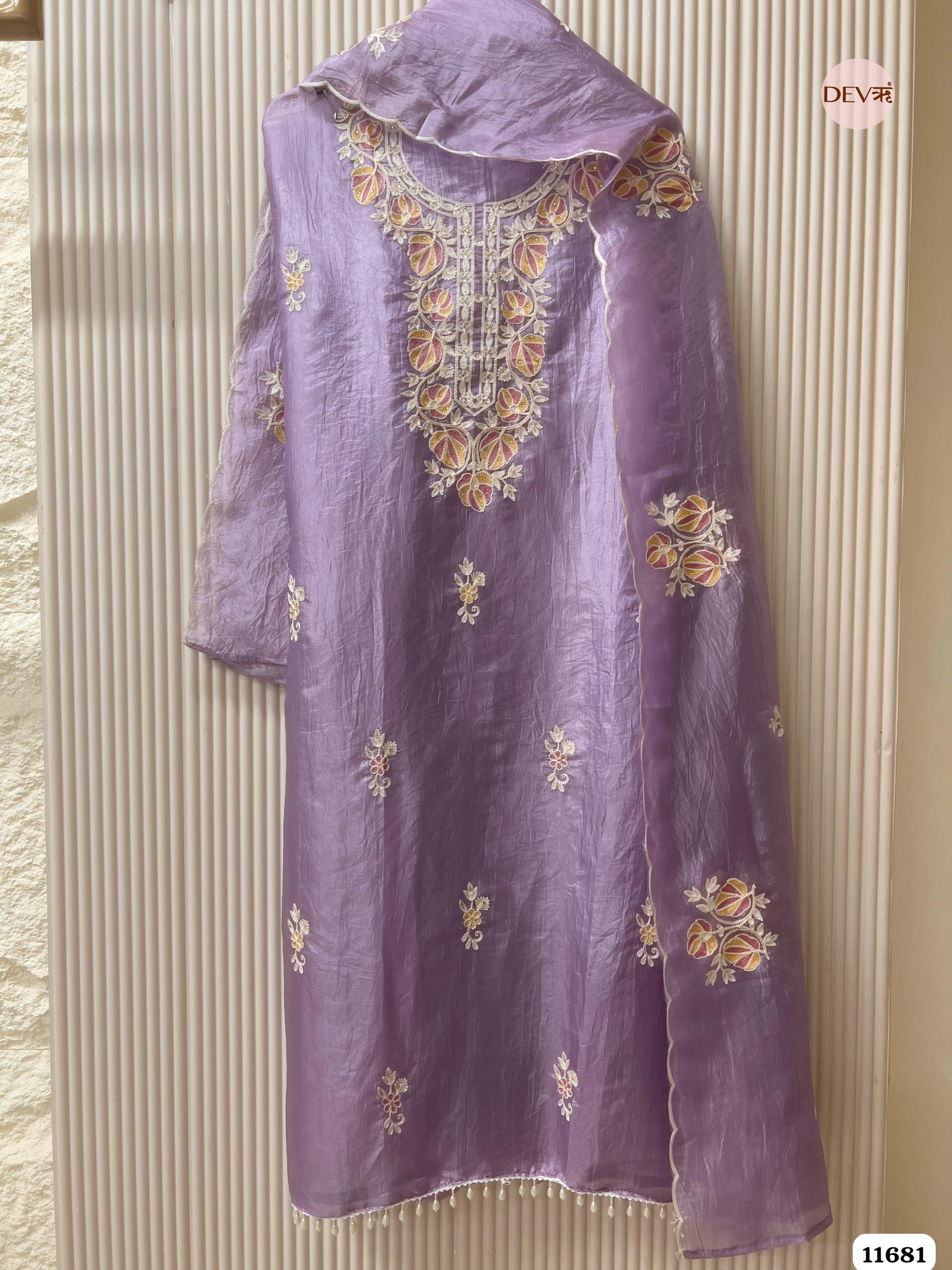 Purple Tissue Crush Silk Unstitched Embroidered -Set Of 3 {11681}