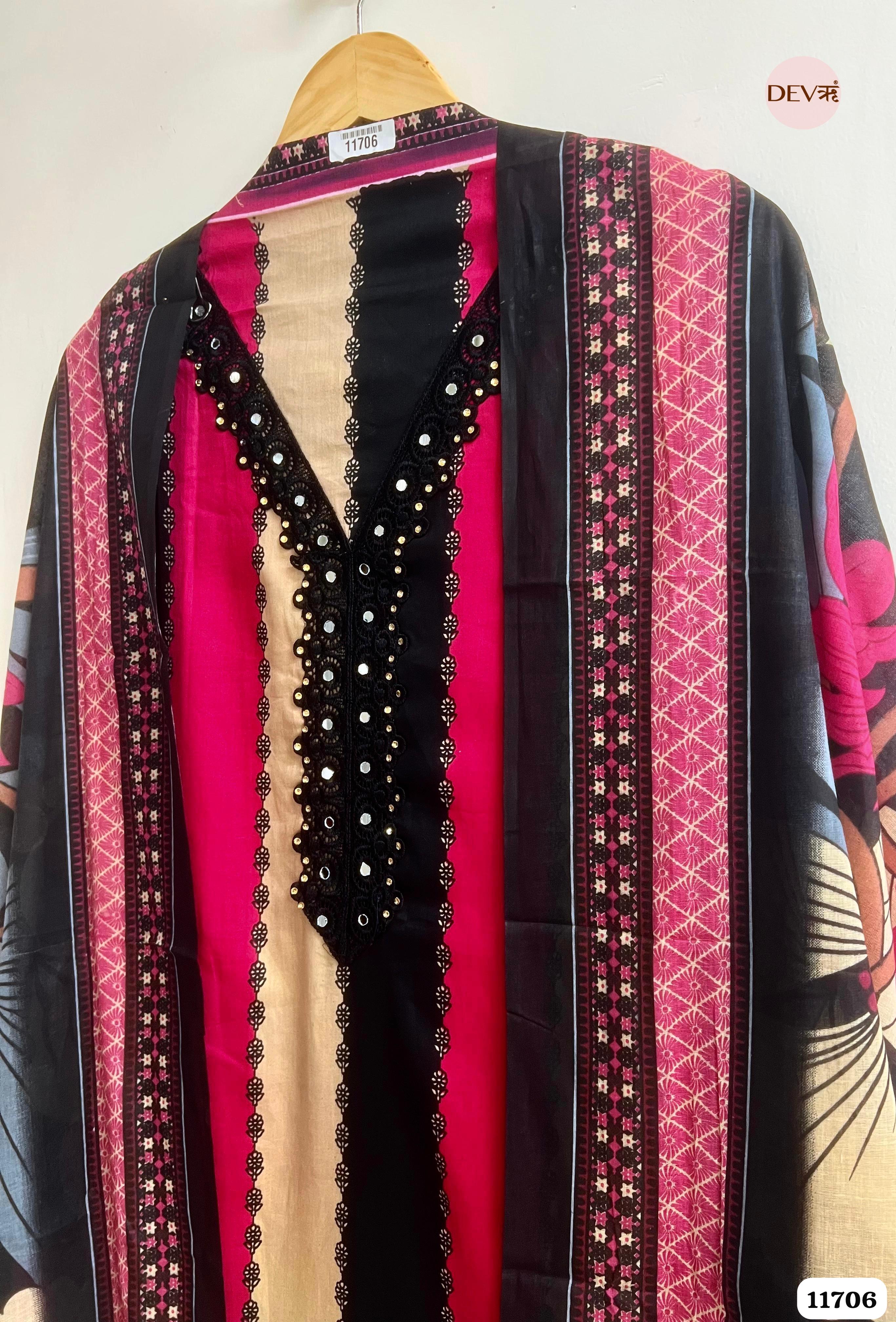 Multi Colour Cotton Unstitched Printed Embroidered -Set Of 3 {11706}
