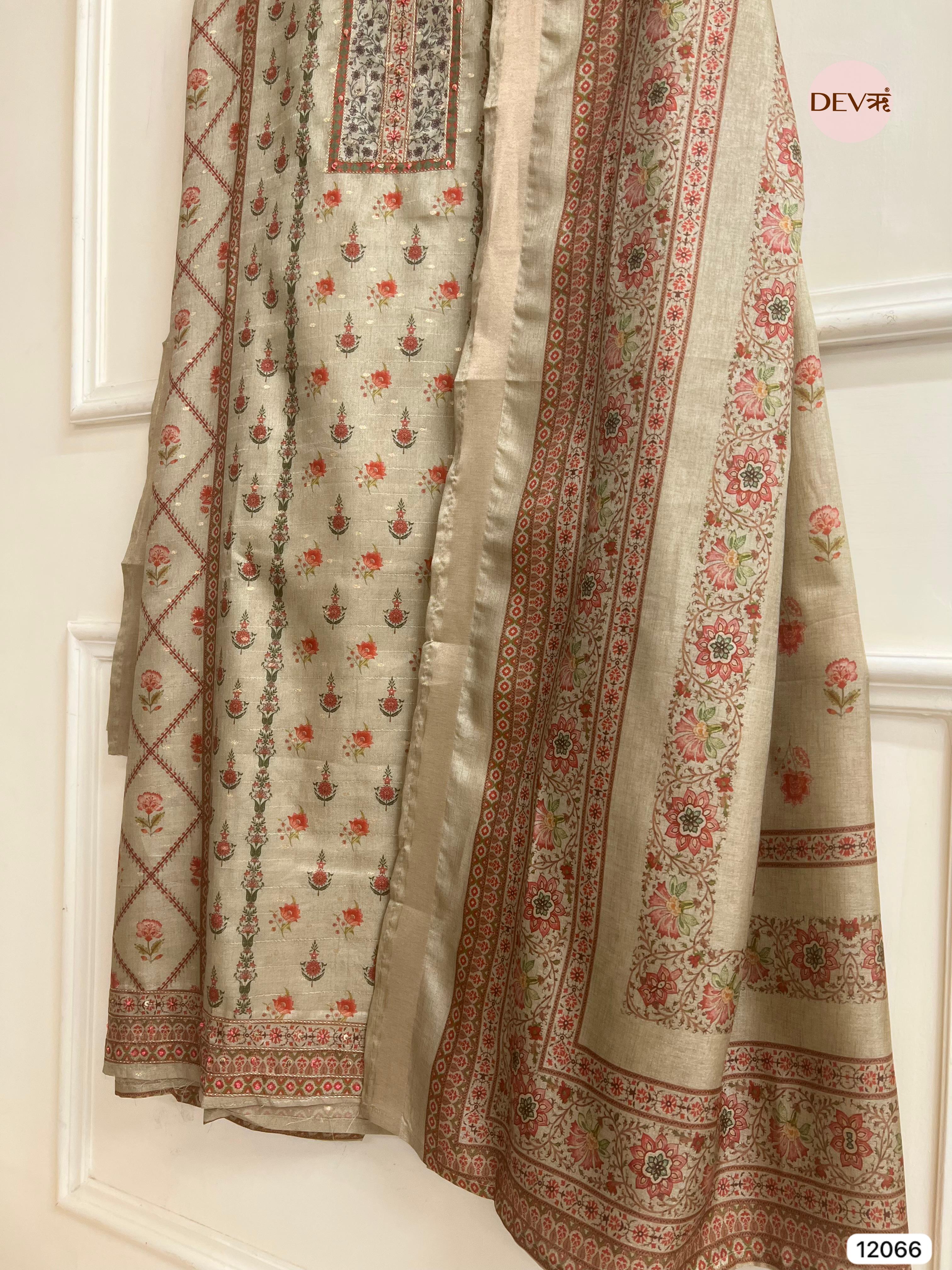 Peach Colour Raw Handloom Silk Unstitched Designer Printed With Hand Embroidery -Set Of 3 - {12066}