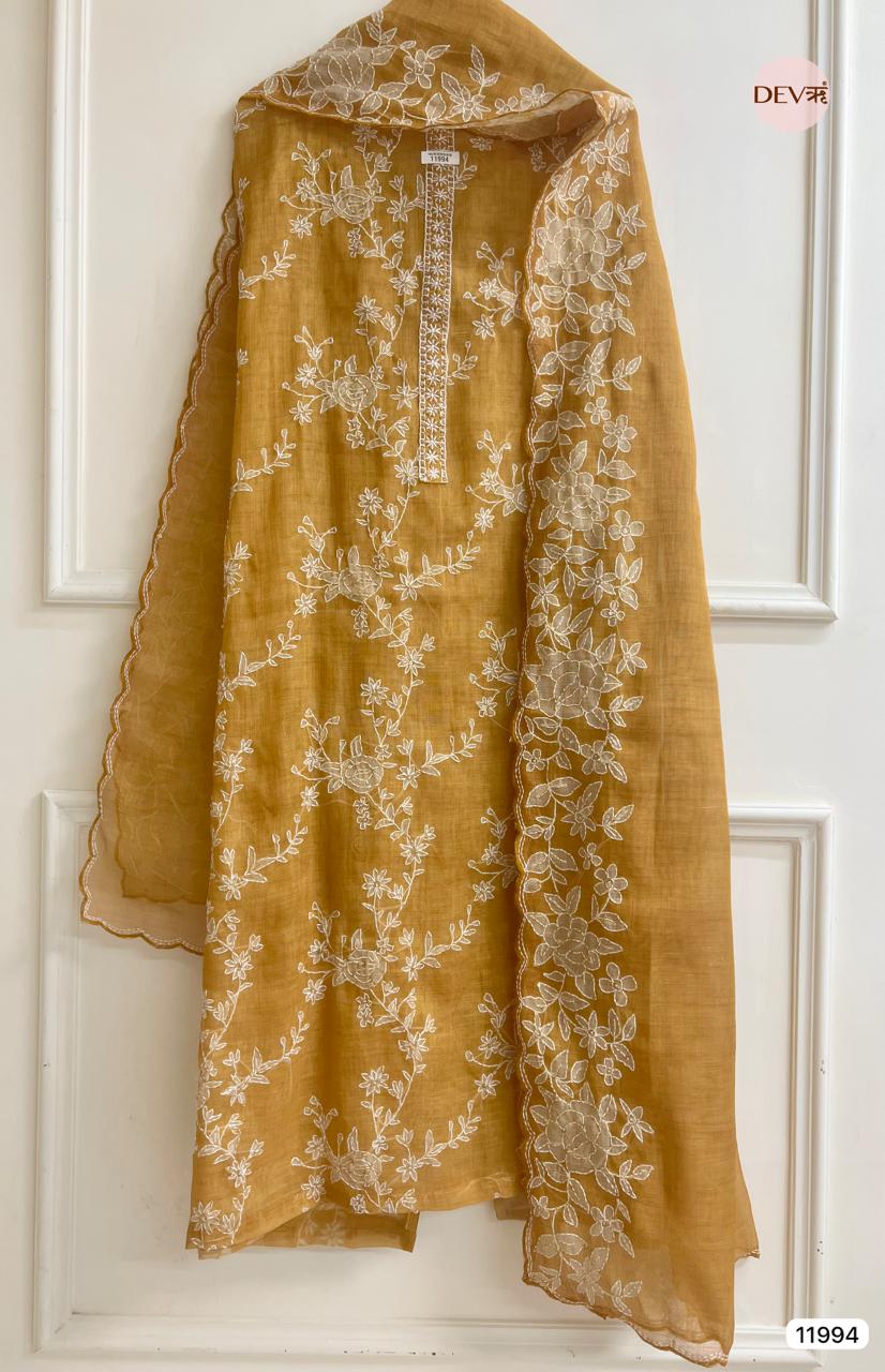 Yellow Pure Mul Linen Unstitched Embroidered -Set Of 3 - {11994}