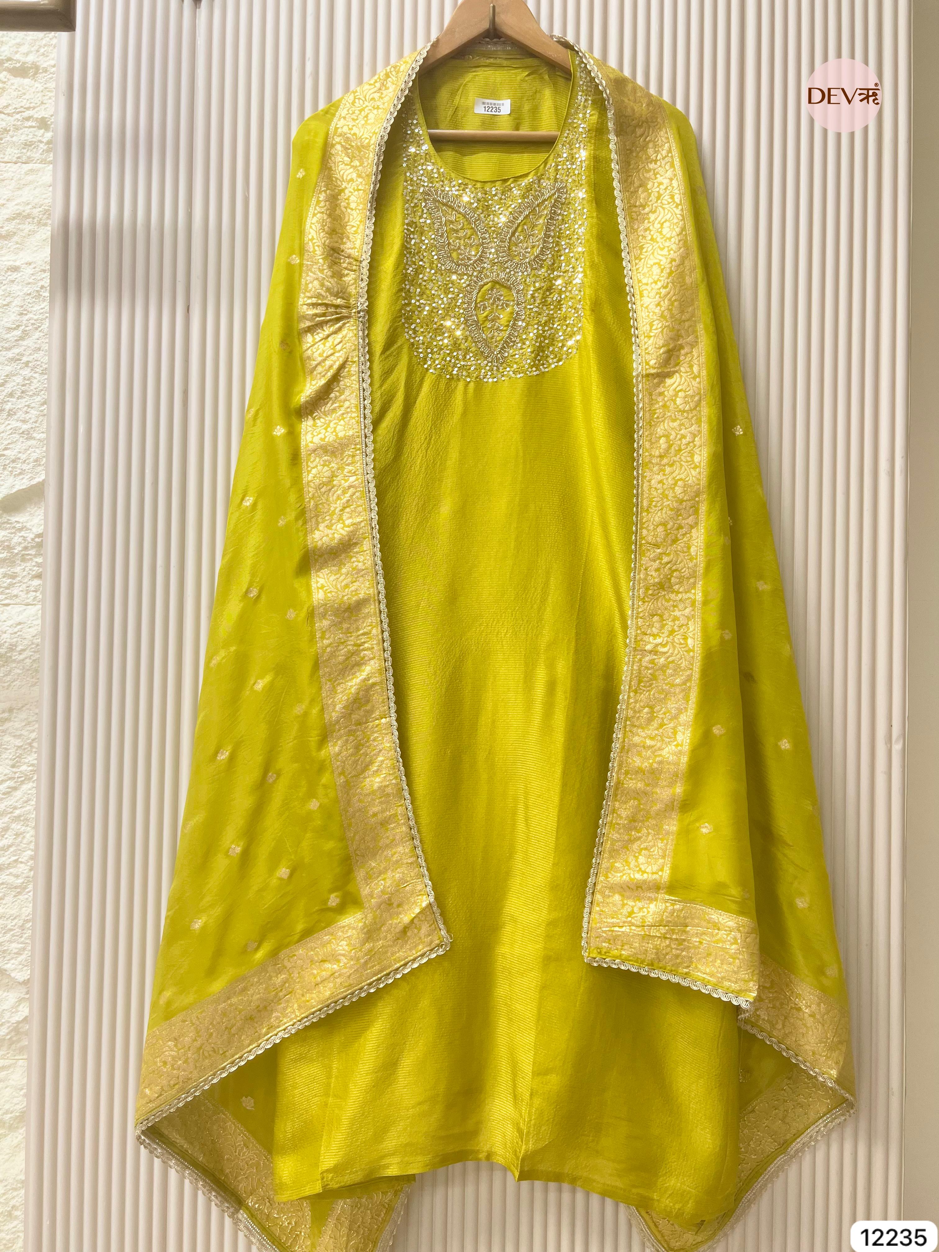 Lime Tissue Shimmer Silk Embroidered Unstitched 3-Piece Suit (Devri – D.No 12235)
