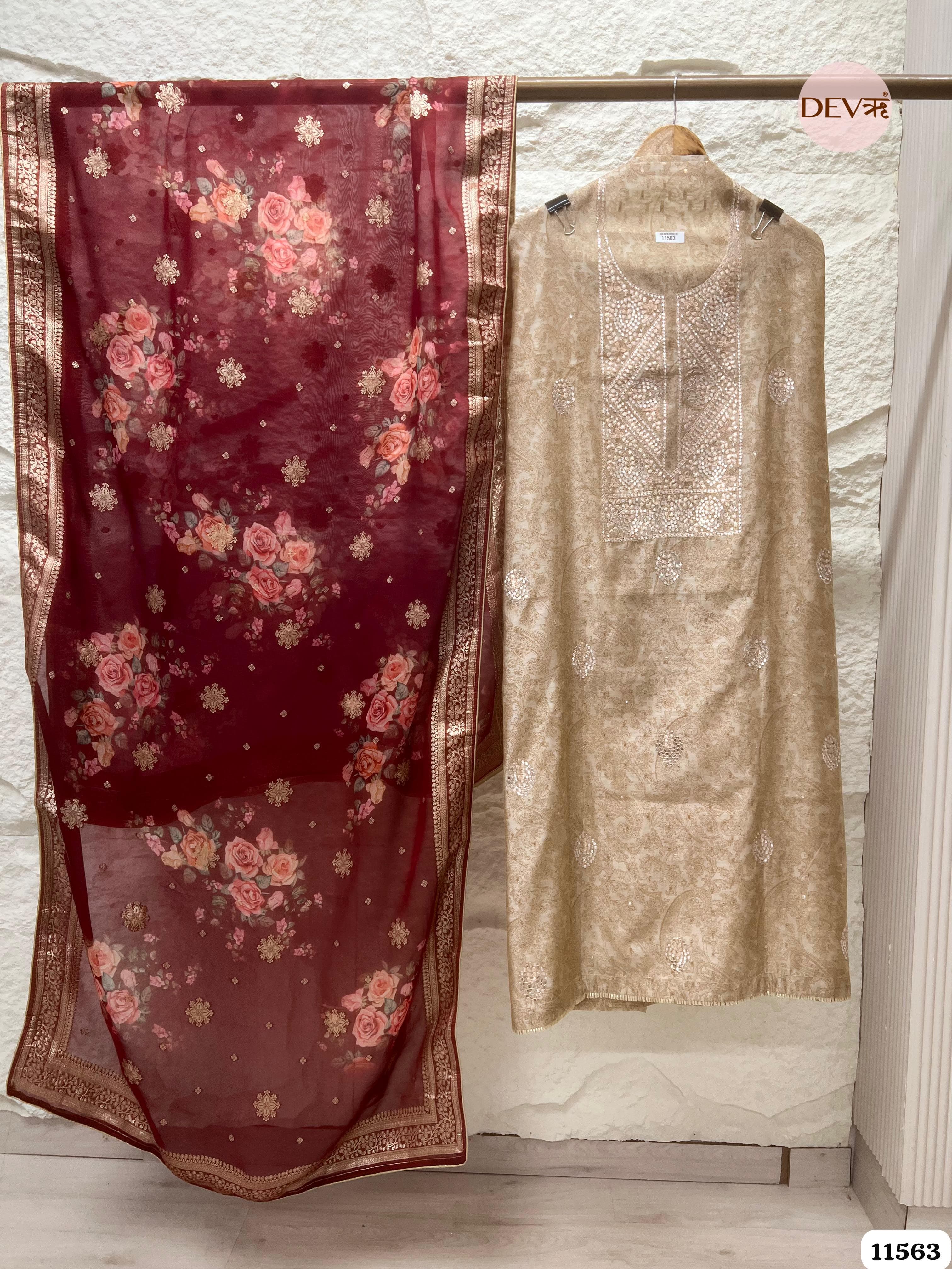 Cream Colour Pure Organza Silk Printed Unstitched Hand Embroidered -Set Of 3 {11563}