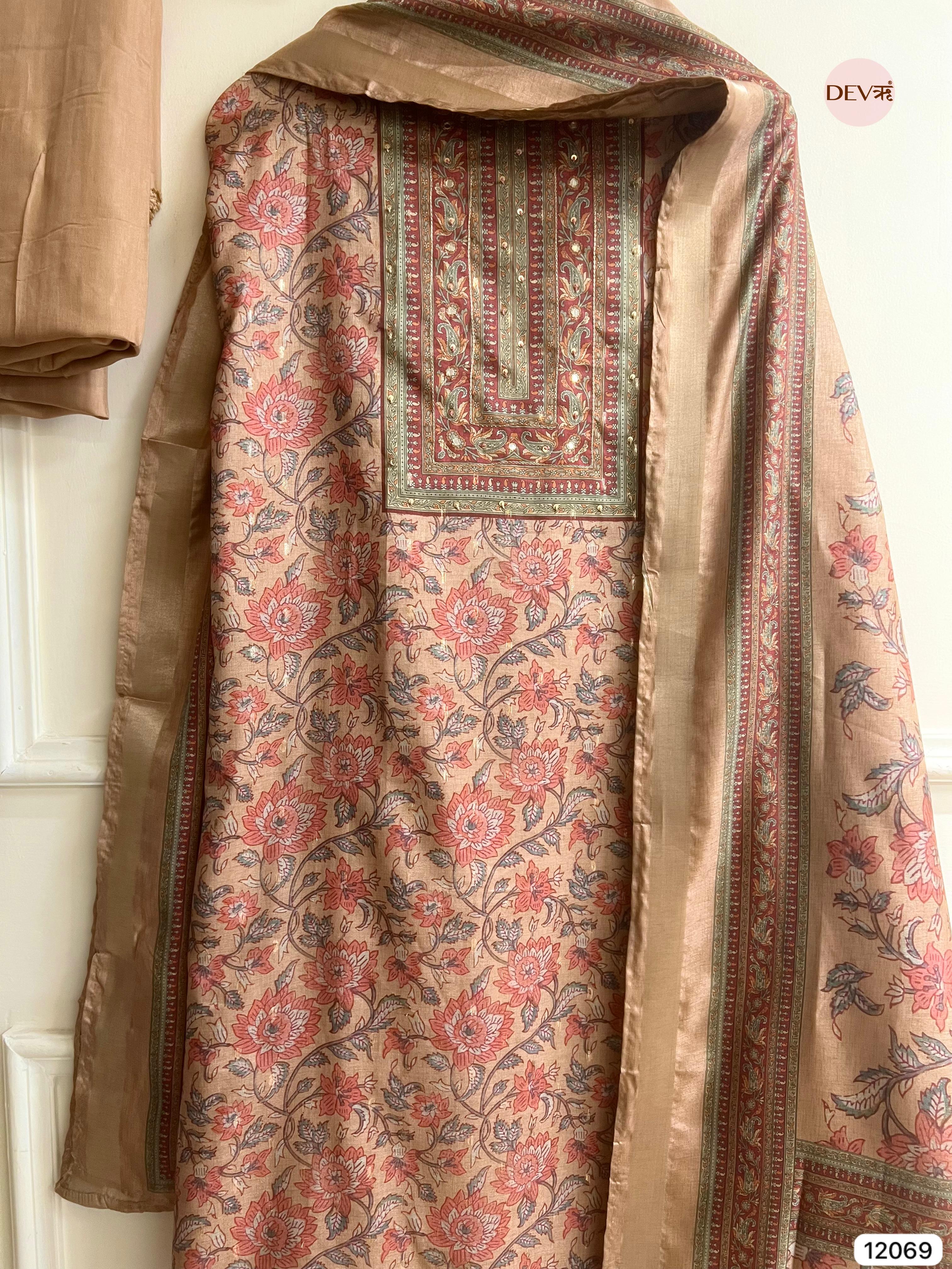 Multi Colour Tusser Khadi Silk Printed Unstitched Hand Embroidered -Set Of 3 - {12069}